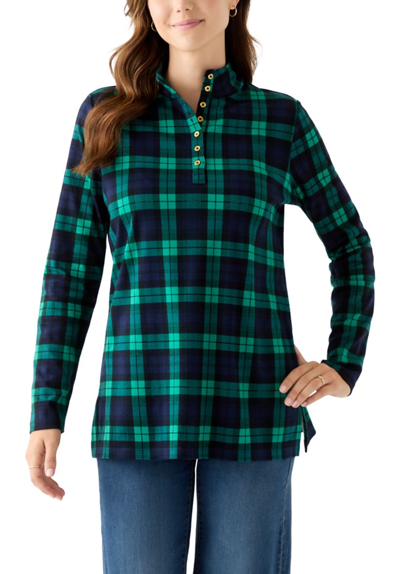 Womens Long Sleeve Henley Mock Neck Tunic Print