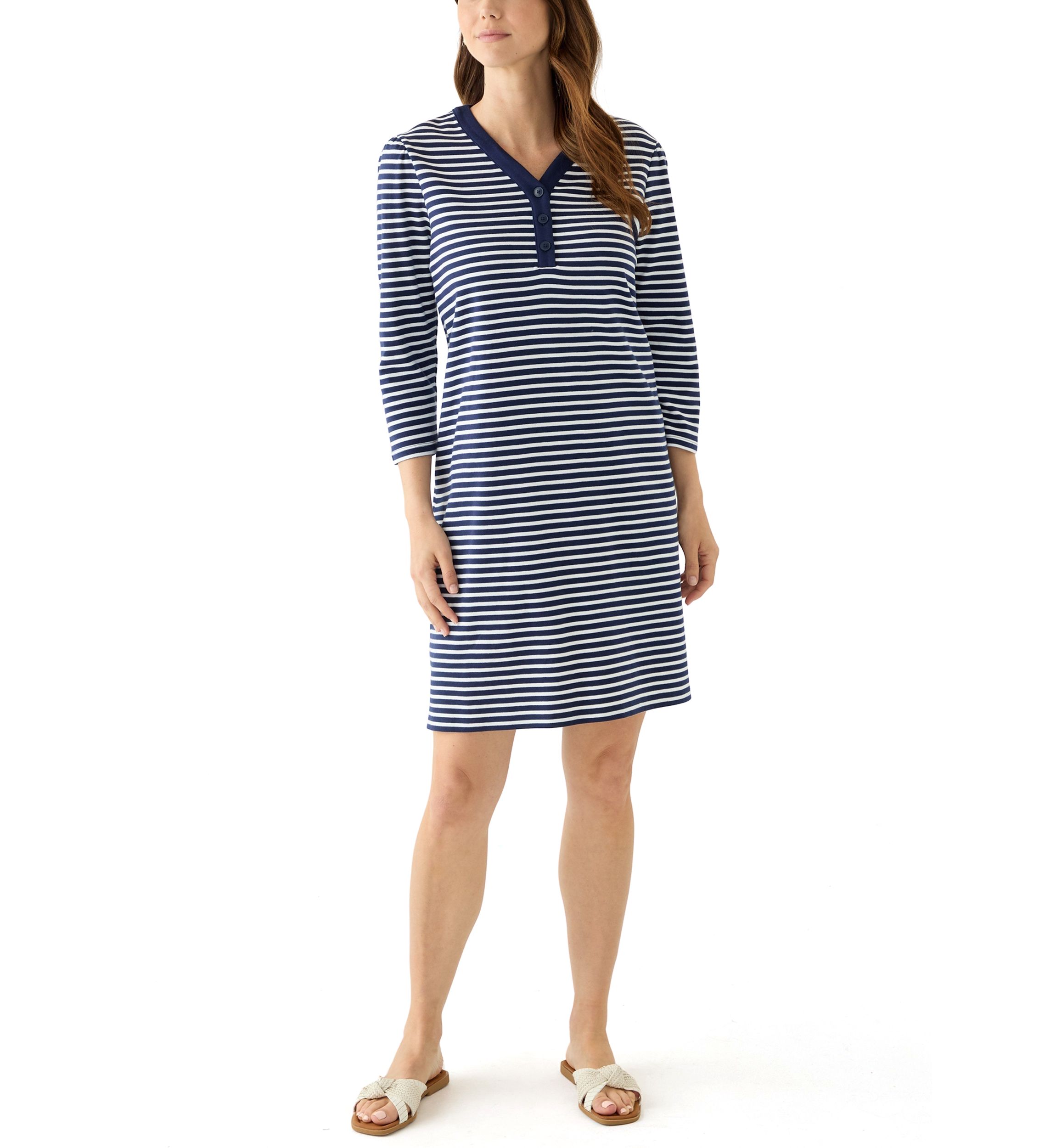 Womens 3/4 Sleeve Henley Striped Dress