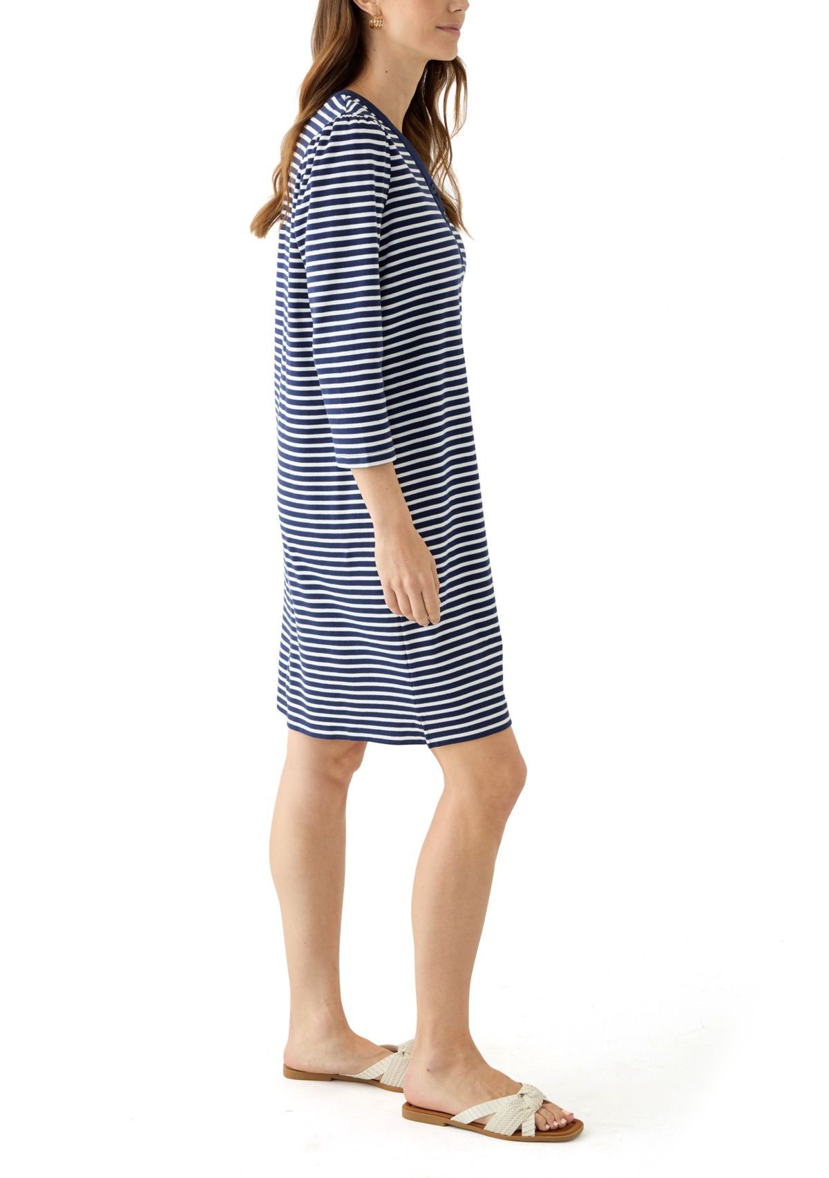 Womens 3/4 Sleeve Henley Striped Dress