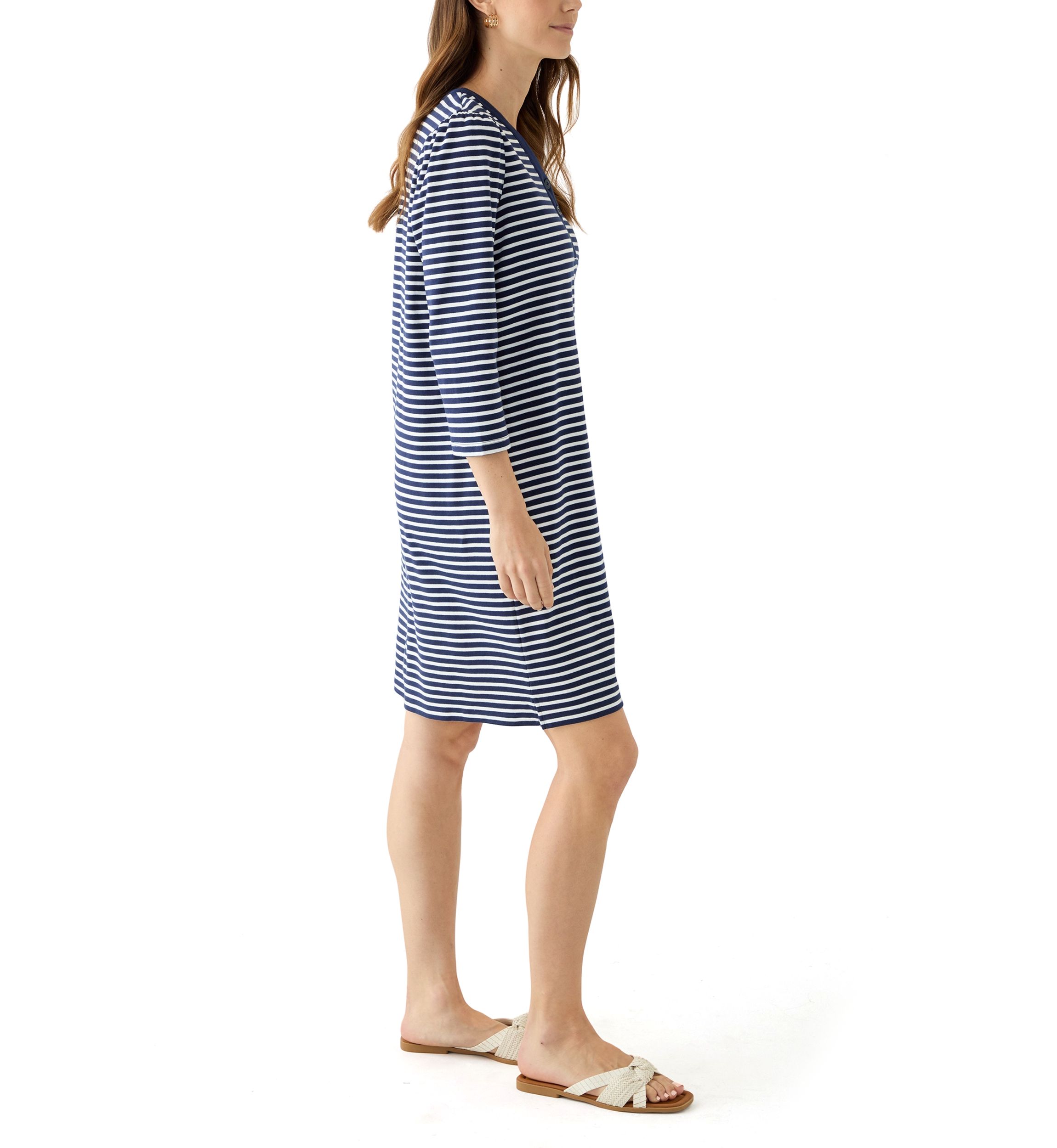 Womens 3/4 Sleeve Henley Striped Dress