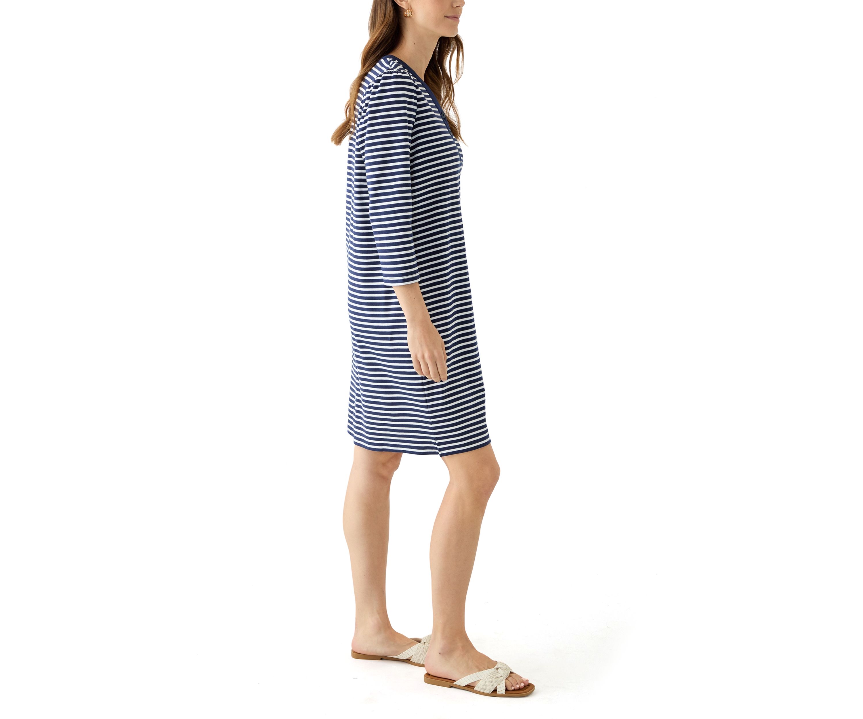 Womens 3/4 Sleeve Henley Striped Dress