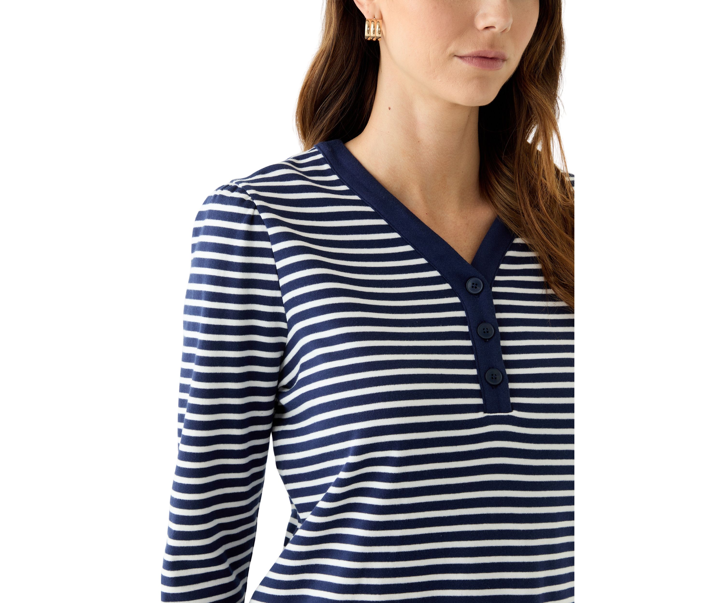 Womens 3/4 Sleeve Henley Striped Dress