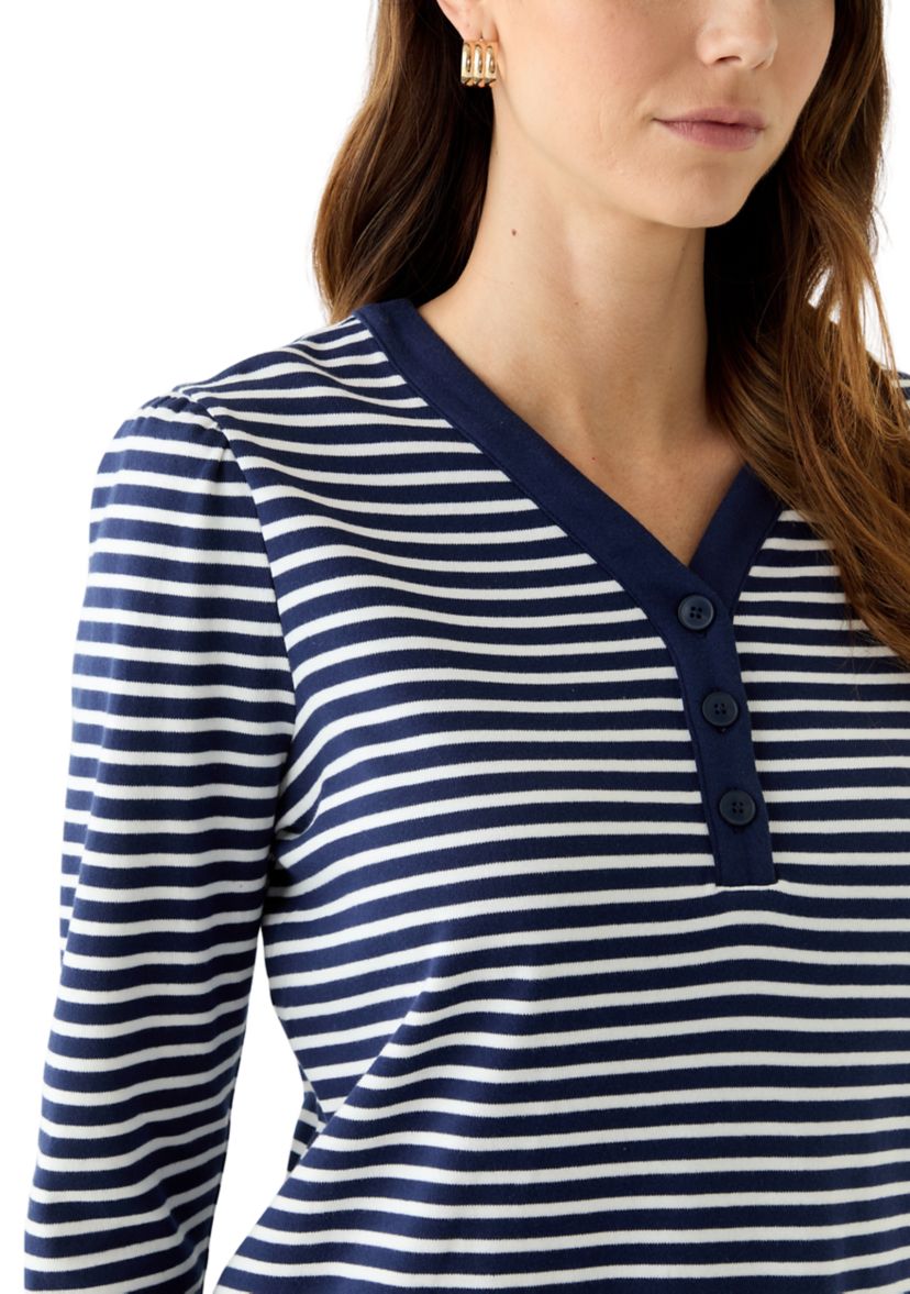 Womens 3/4 Sleeve Henley Striped Dress