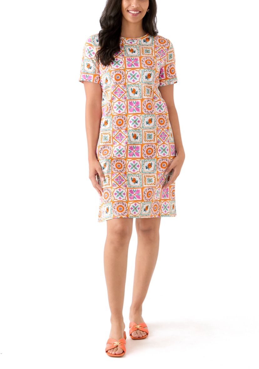 Womens Short Sleeve Crew Neck Mega Allover Print Dress