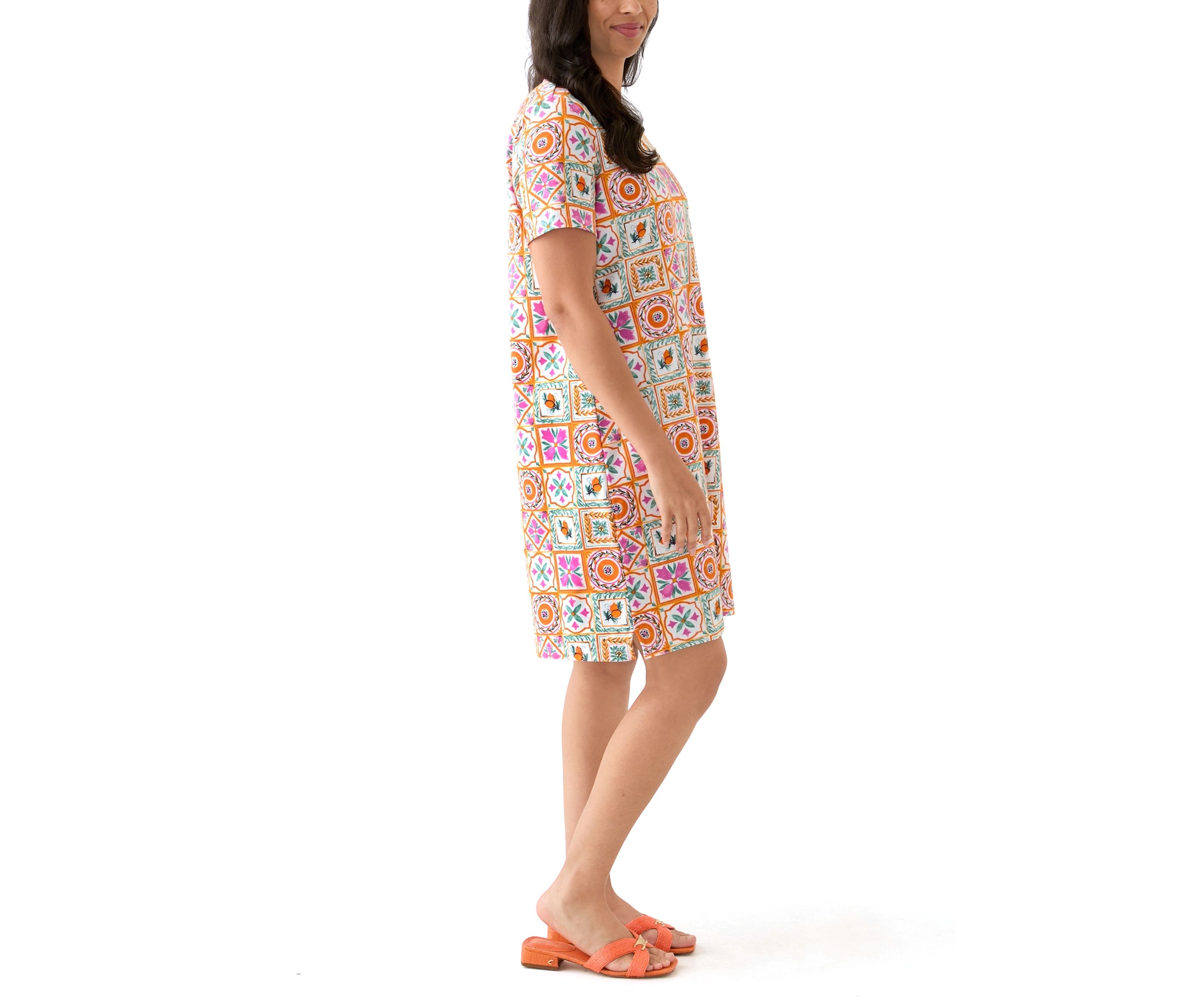 Womens Short Sleeve Crew Neck Mega Allover Print Dress