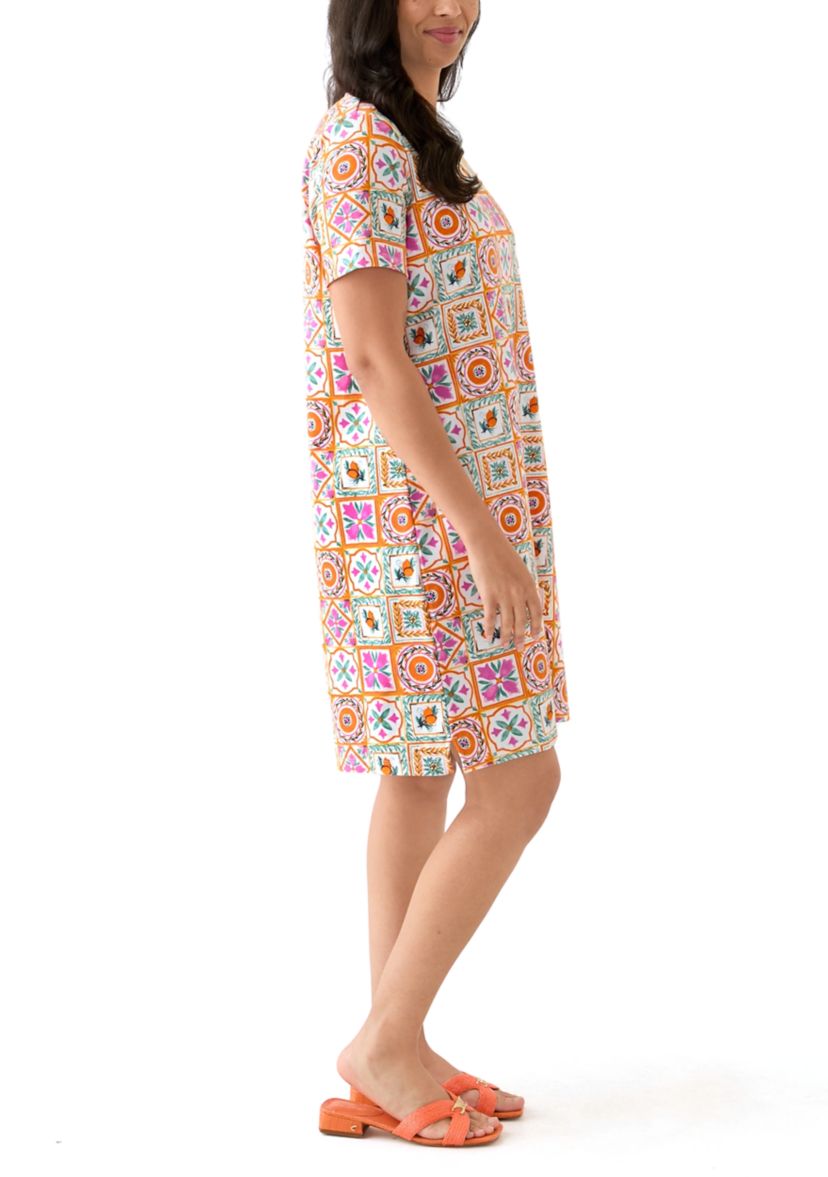 Womens Short Sleeve Crew Neck Mega Allover Print Dress
