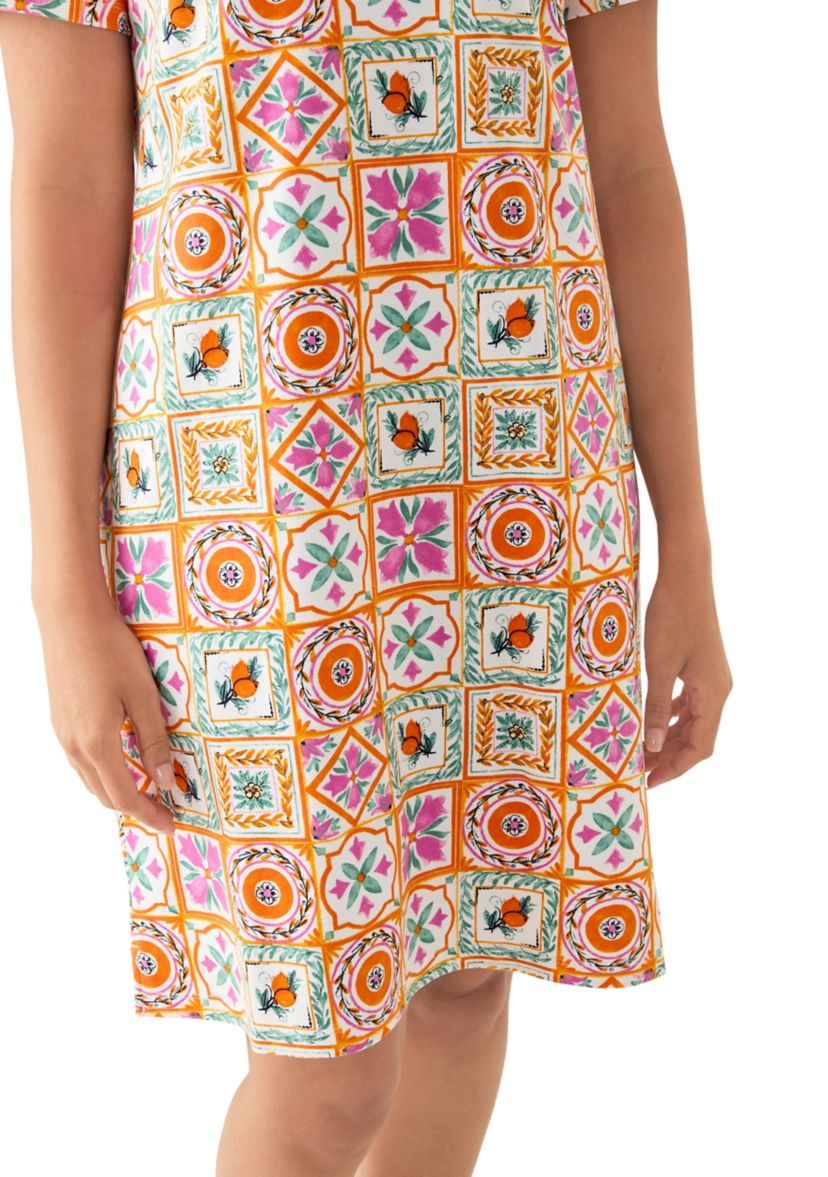 Womens Short Sleeve Crew Neck Mega Allover Print Dress