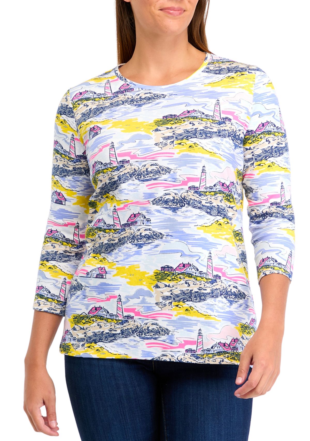 Womens 3/4 Sleeve Scenic Print T-Shirt