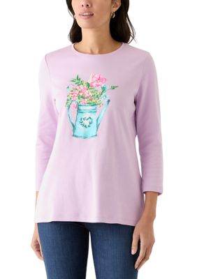 Kim Rogers Women's 3/4 Sleeve Crew Neck Graphic T-Shirt, Lilac, XXL
