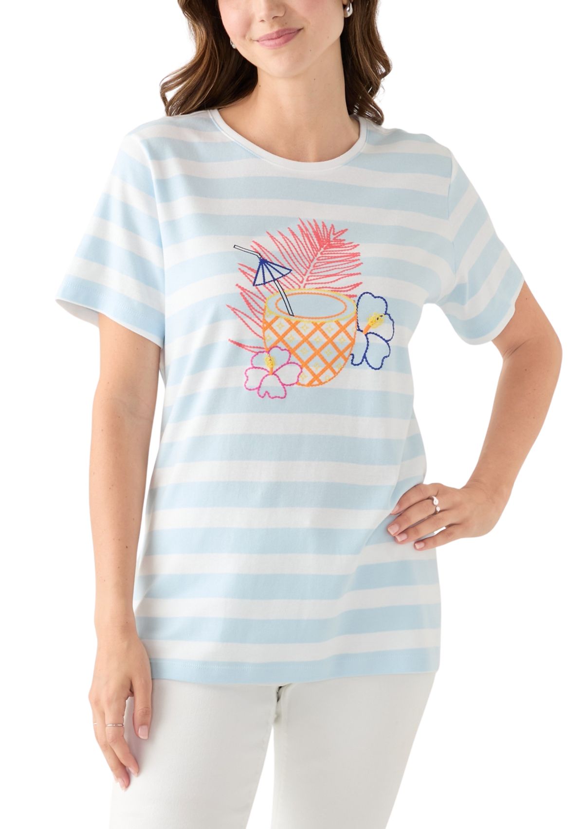 Womens Short Sleeve Crew Neck Yarn Dyed Graphic T-Shirt