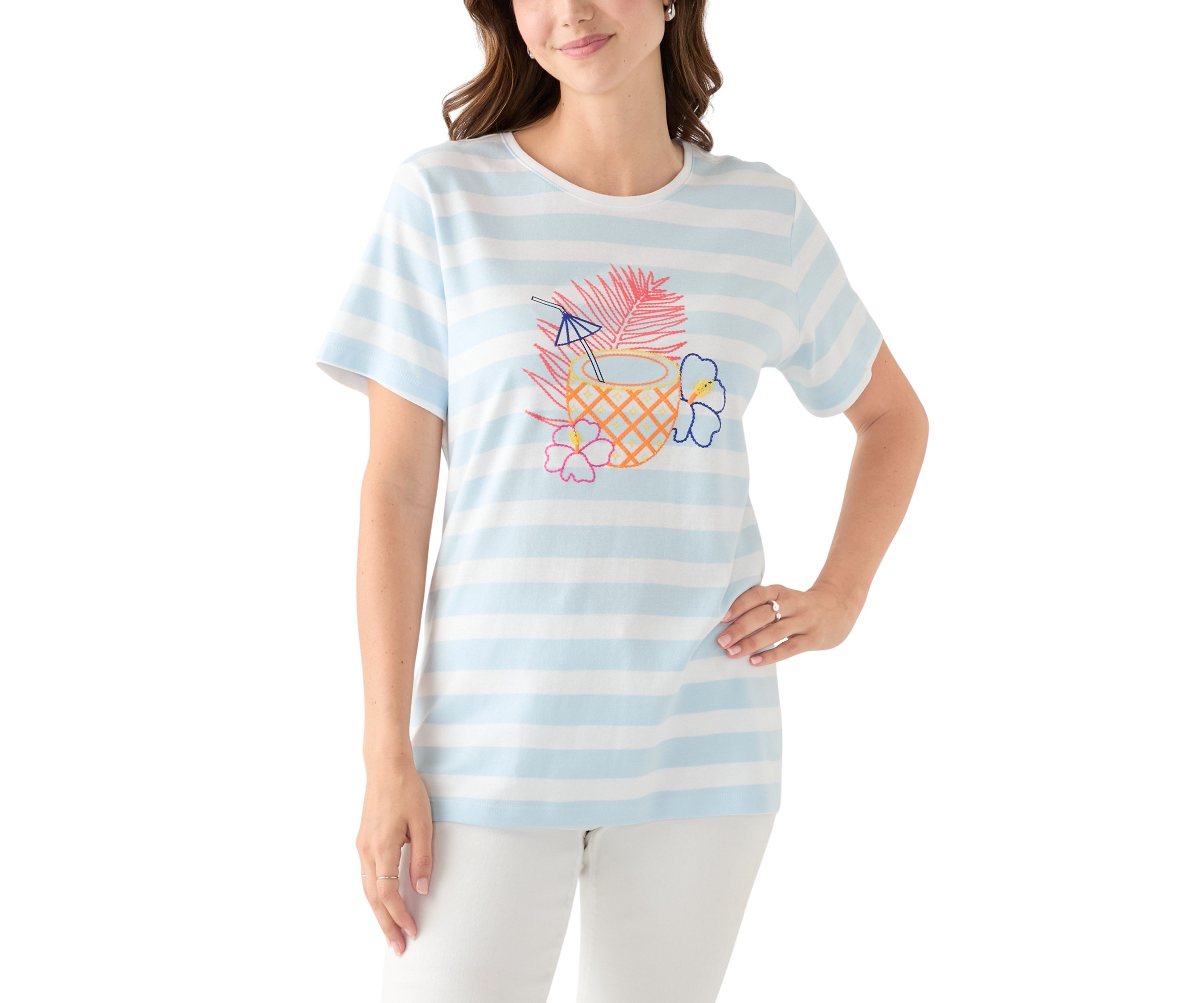 Womens Short Sleeve Crew Neck Yarn Dyed Graphic T-Shirt