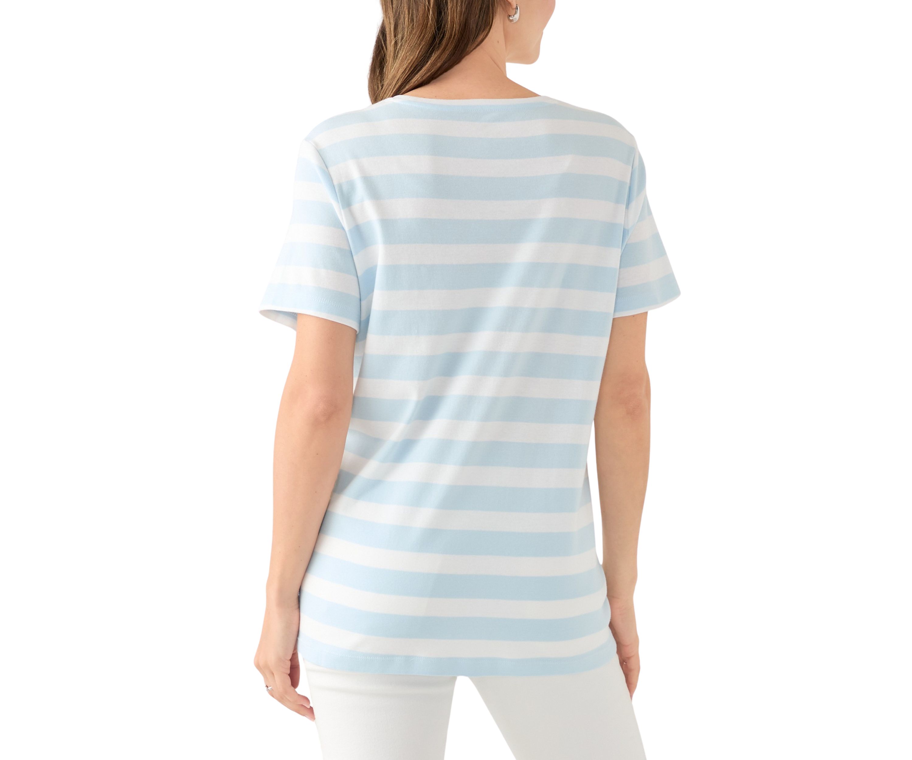 Womens Short Sleeve Crew Neck Yarn Dyed Graphic T-Shirt