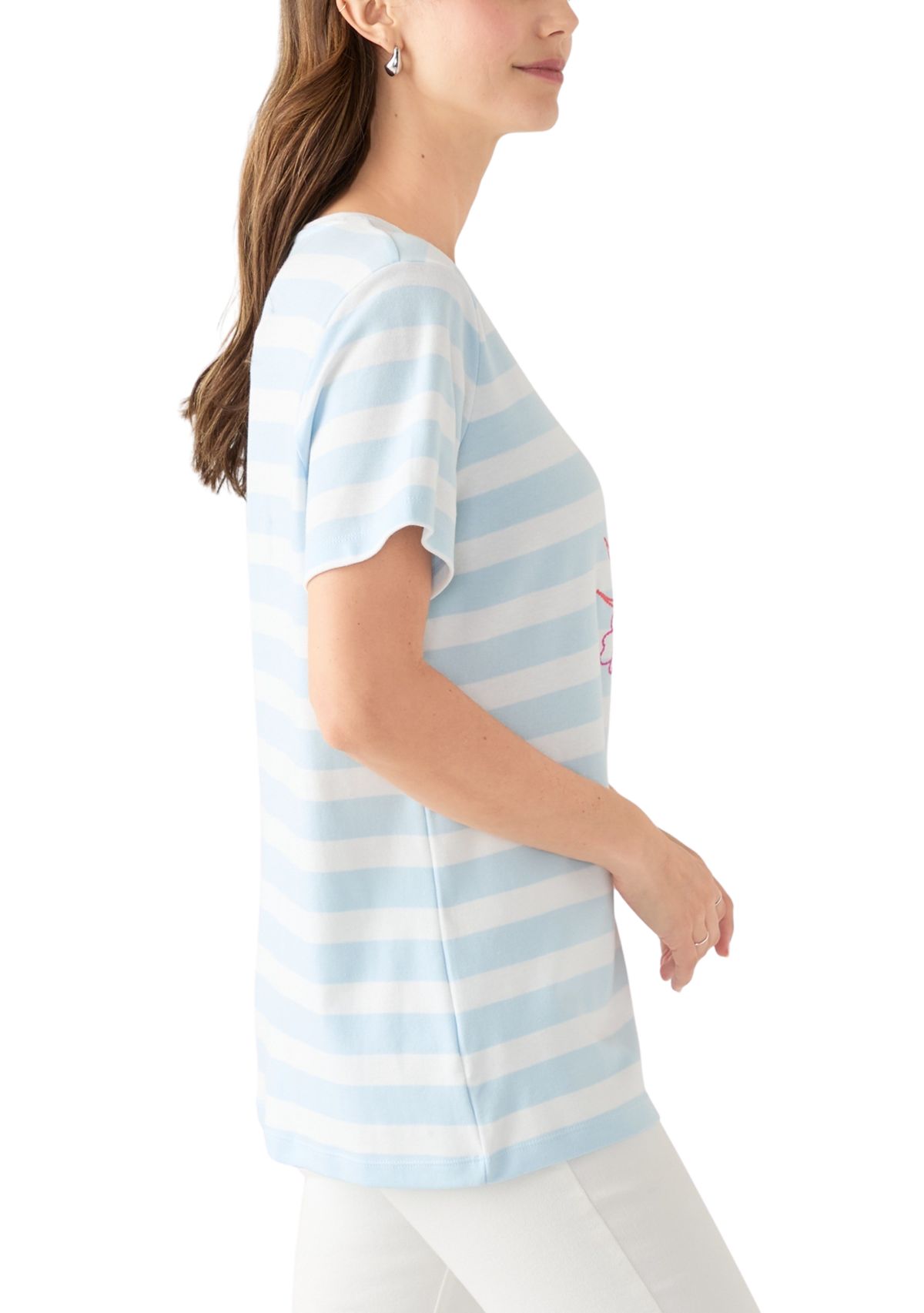 Womens Short Sleeve Crew Neck Yarn Dyed Graphic T-Shirt