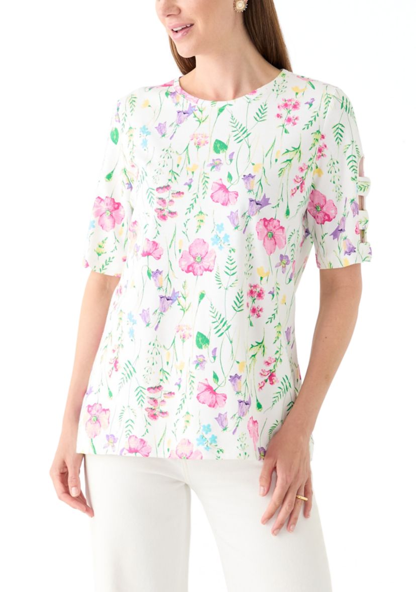 Womens Elbow Ladder Sleeve Crew Neck Printed T-Shirt