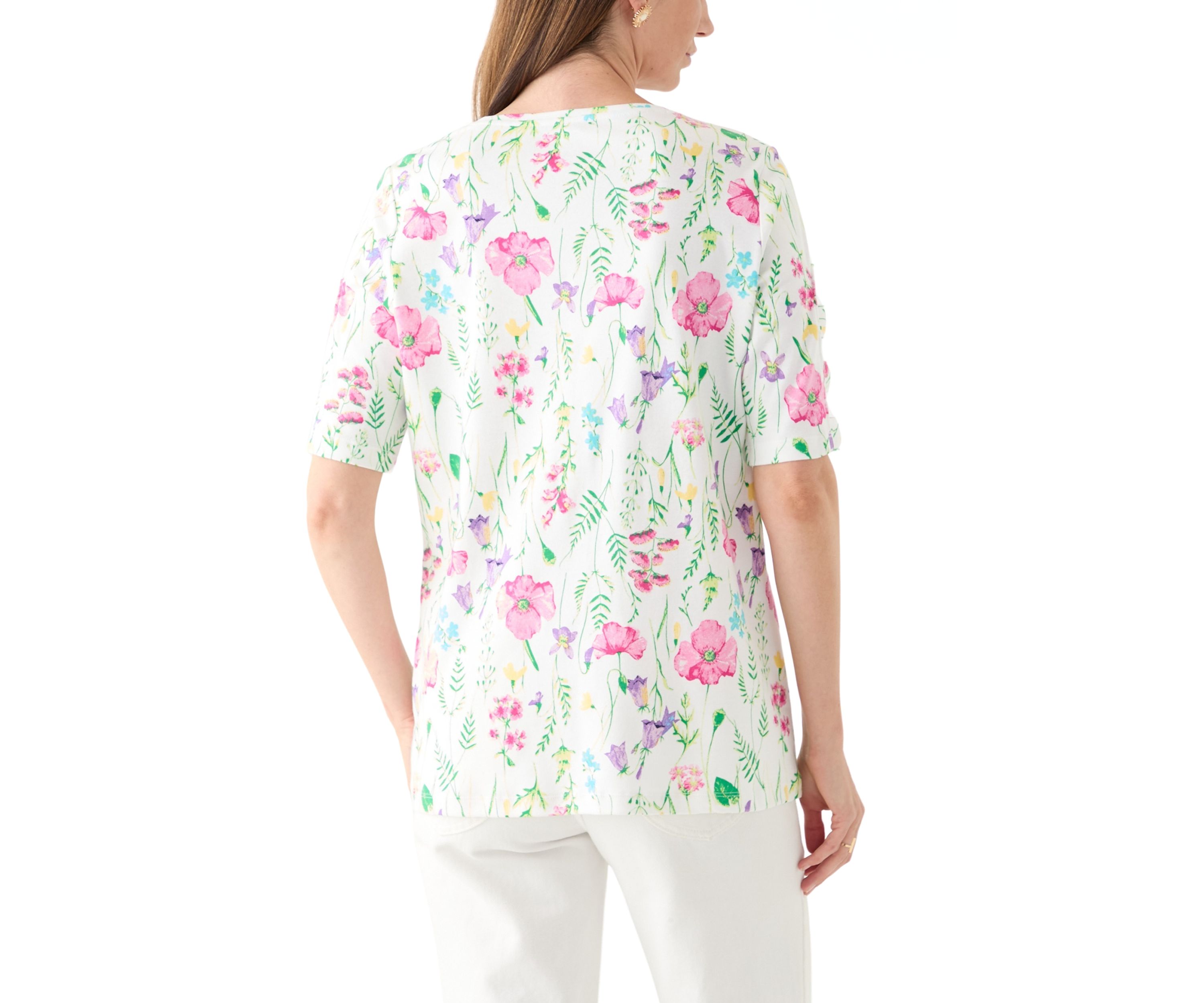 Womens Elbow Ladder Sleeve Crew Neck Printed T-Shirt