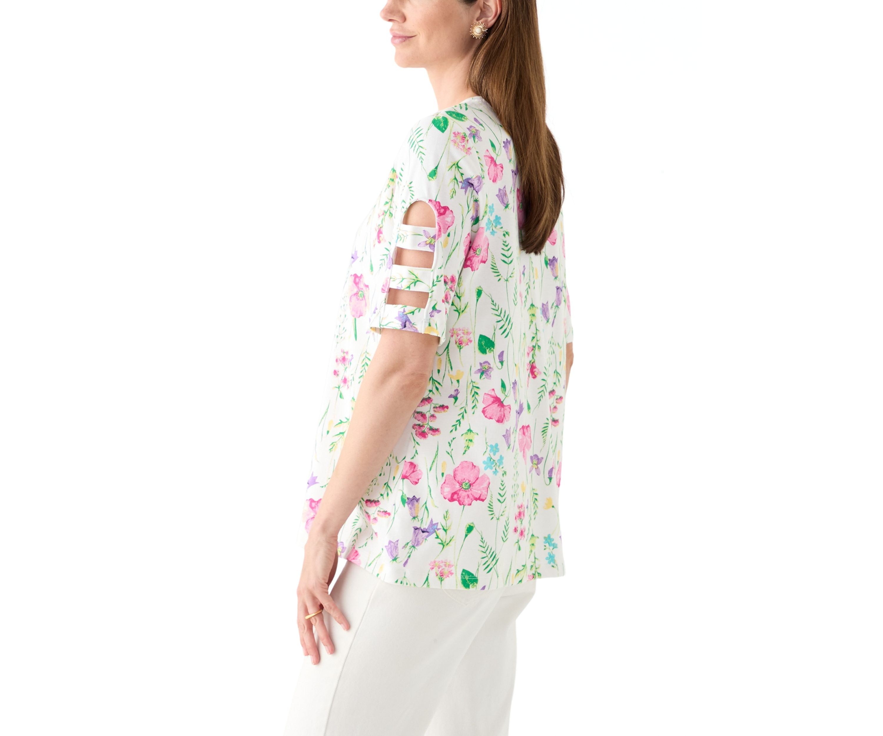 Womens Elbow Ladder Sleeve Crew Neck Printed T-Shirt