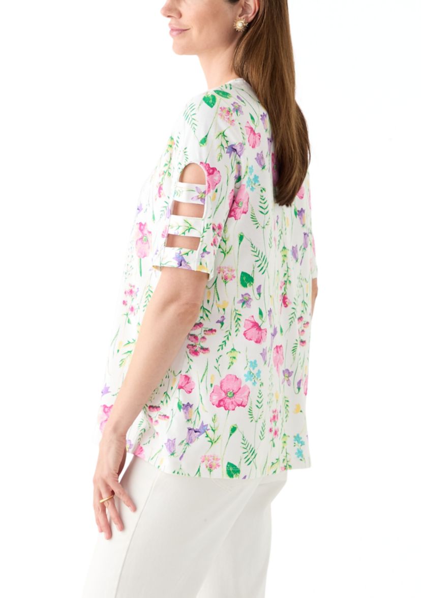 Womens Elbow Ladder Sleeve Crew Neck Printed T-Shirt