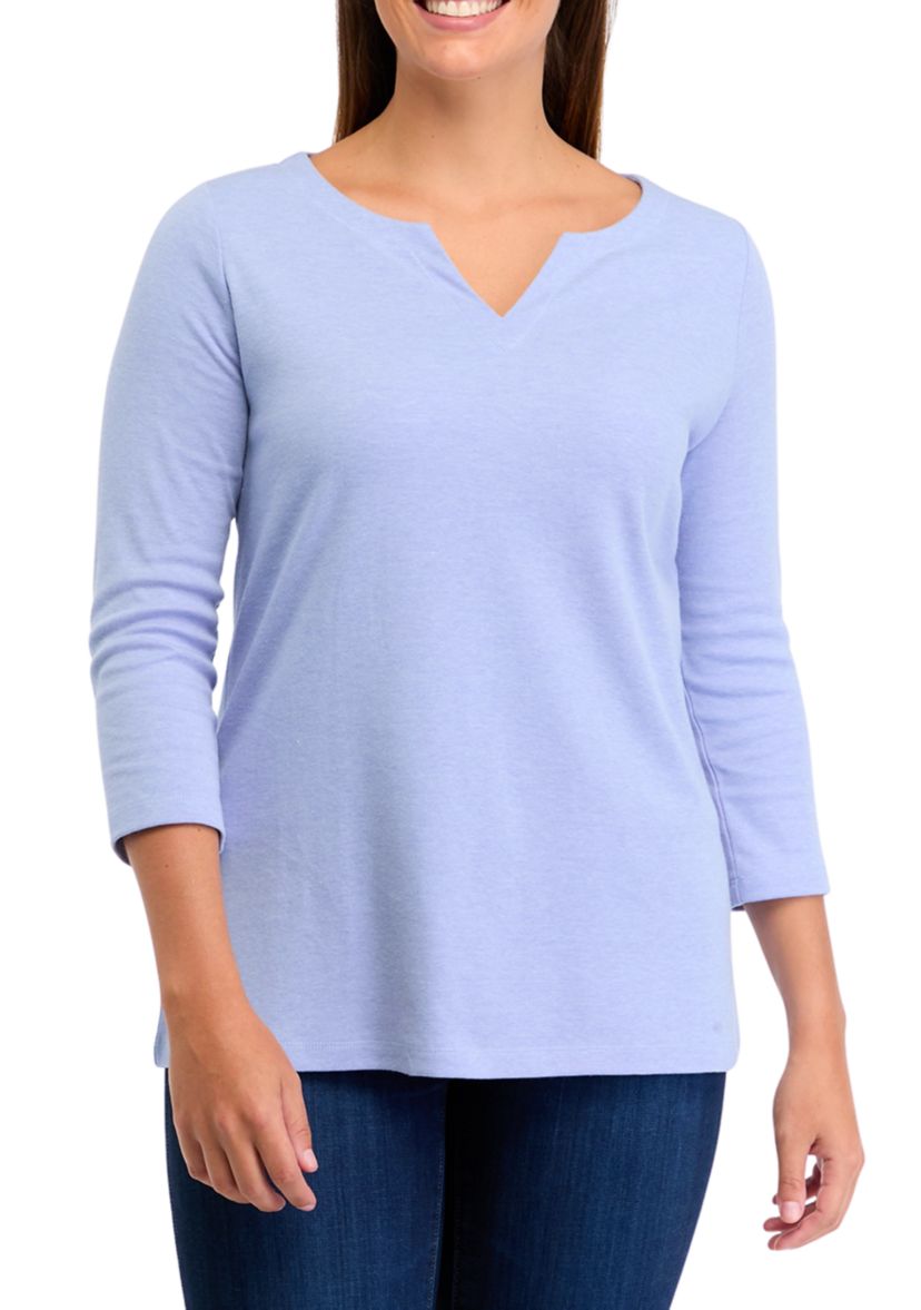 Womens 3/4 Sleeve Split Neck Heather T-Shirt