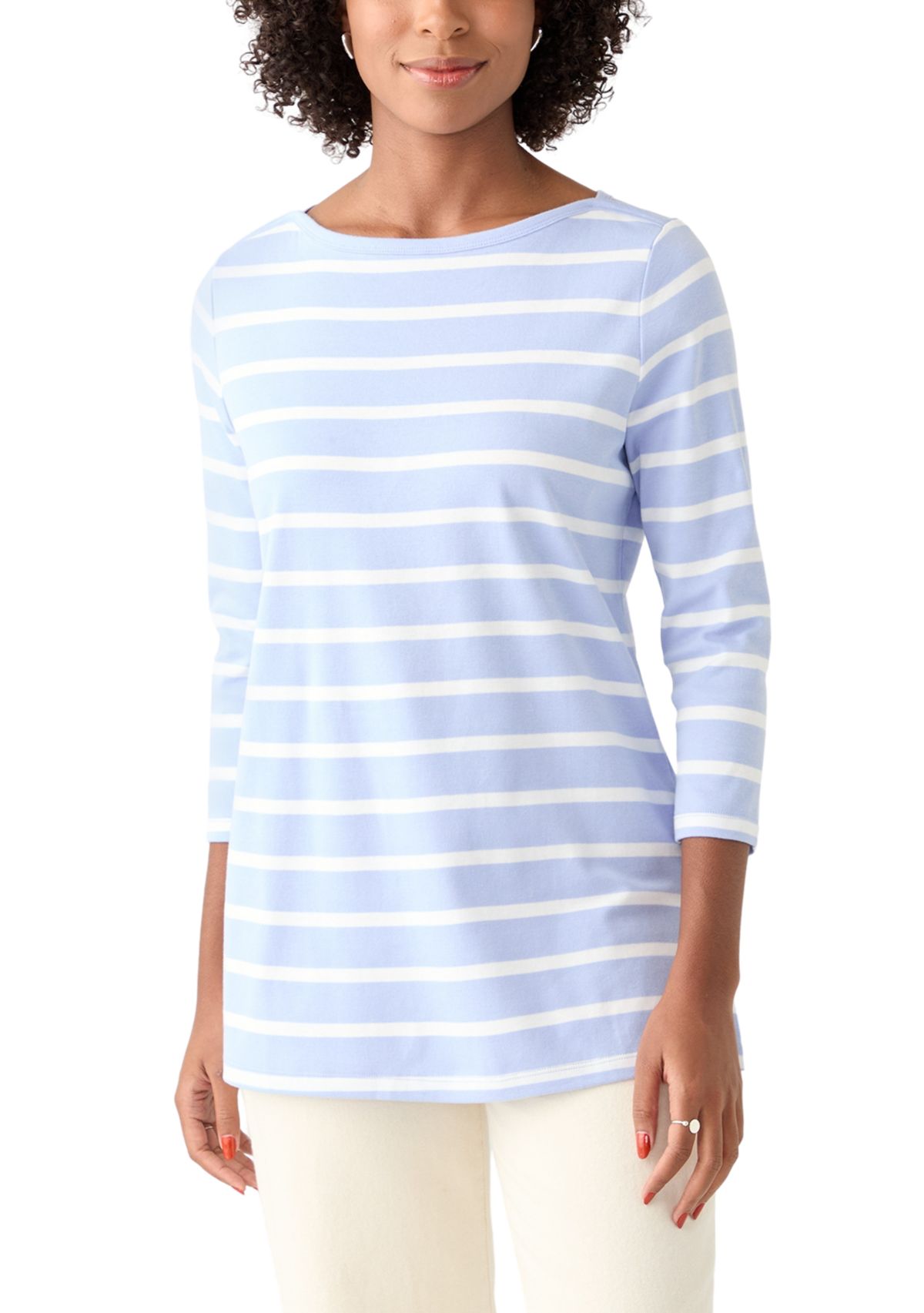 Womens 3/4 Sleeve Boat Neck Yarn Dyed T-Shirt