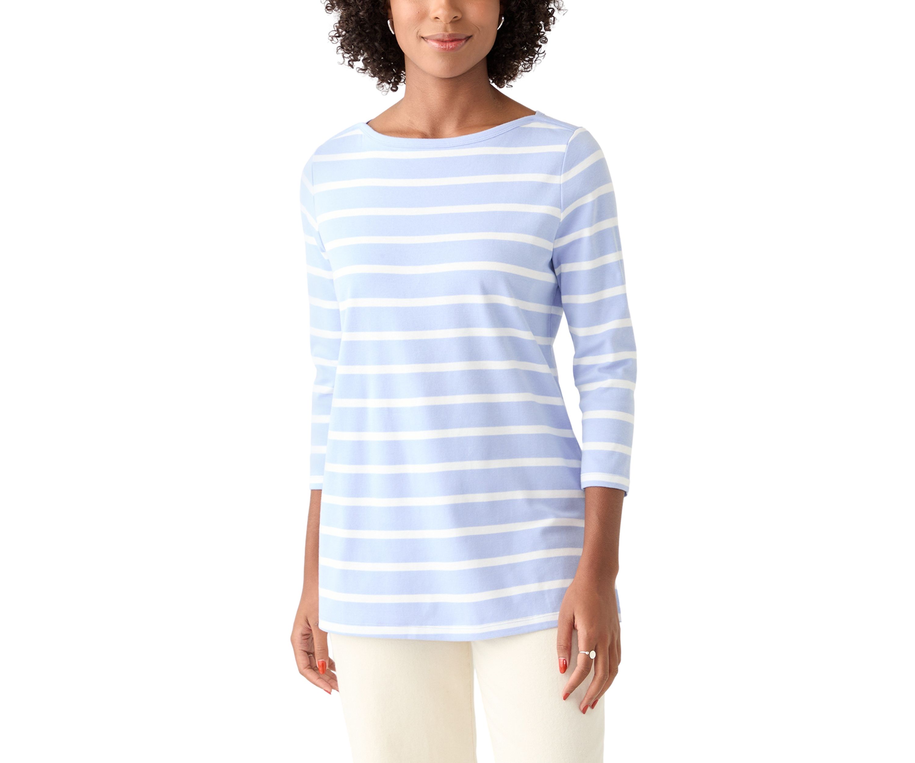 Womens 3/4 Sleeve Boat Neck Yarn Dyed T-Shirt