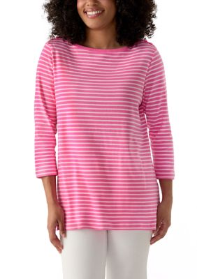 Kim Rogers Women's 3/4 Sleeve Boat Neck Yarn Dyed T-Shirt, Pink, XXL