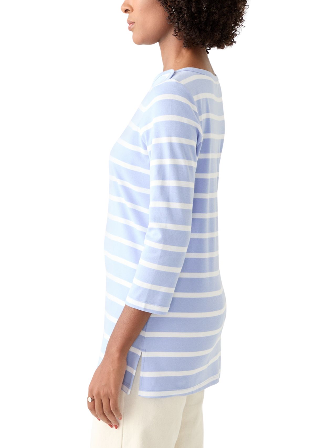 Womens 3/4 Sleeve Boat Neck Yarn Dyed T-Shirt