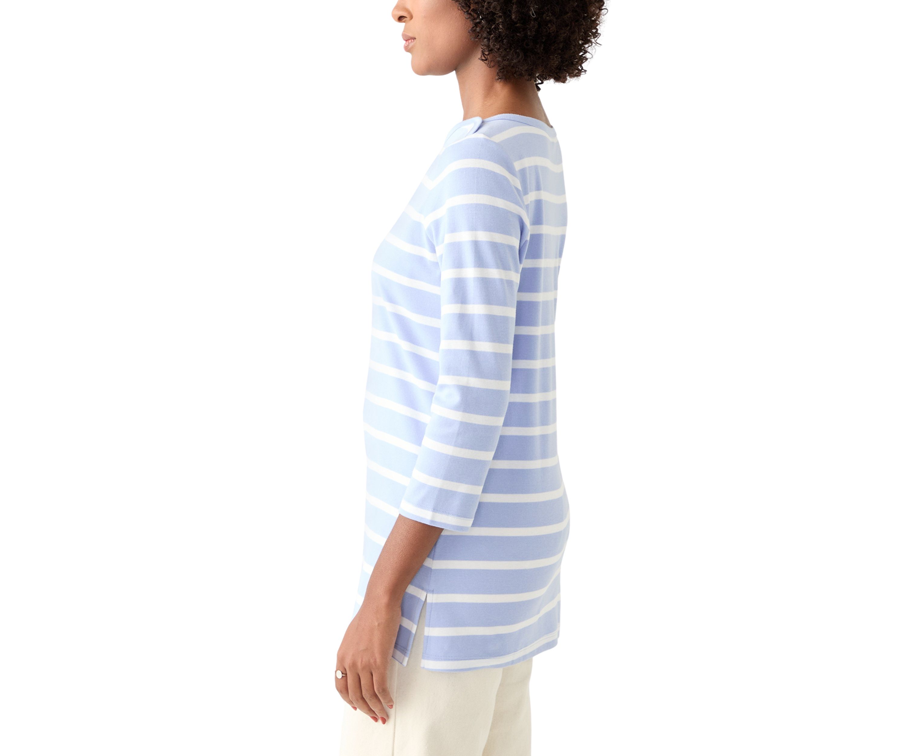 Womens 3/4 Sleeve Boat Neck Yarn Dyed T-Shirt
