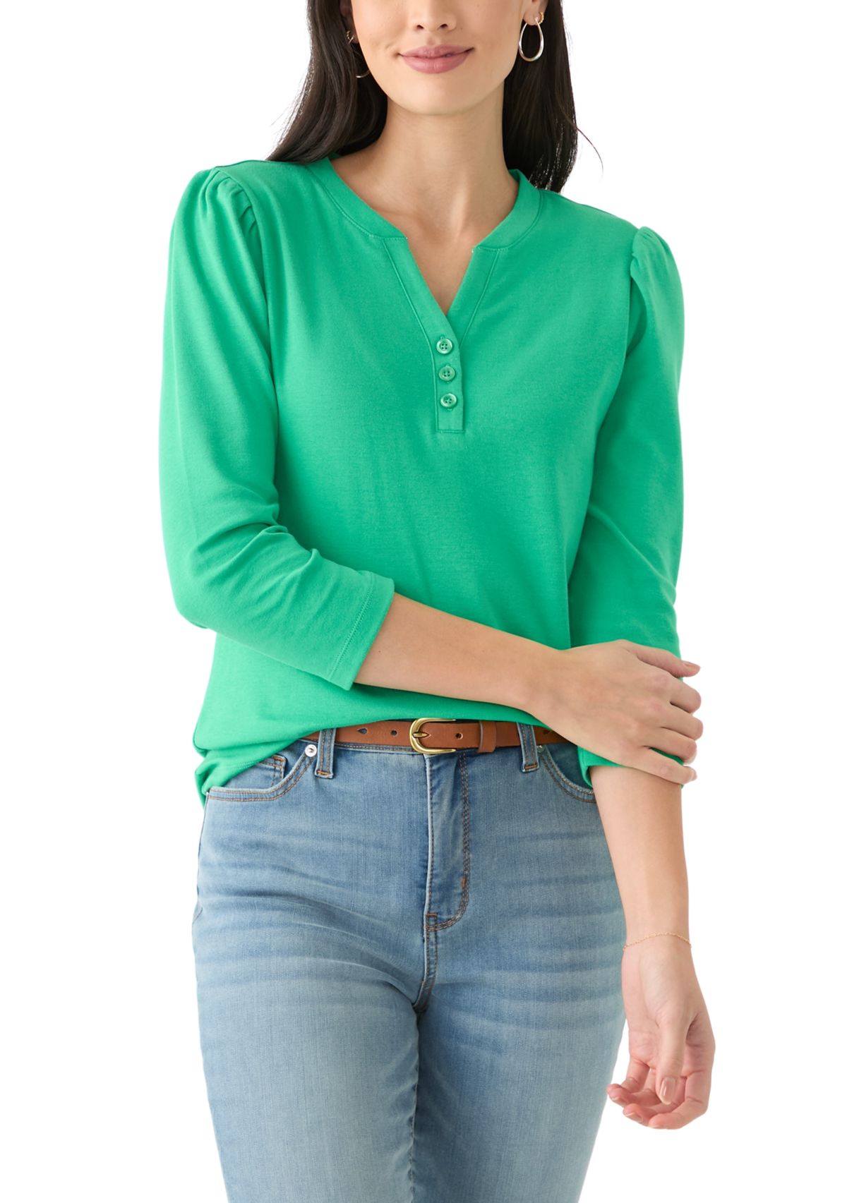 Womens 3/4 Puff Sleeve Henley Top 