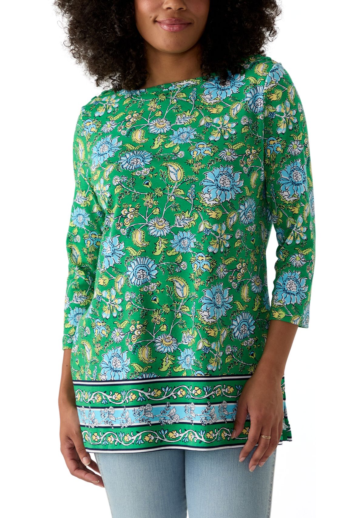 Womens 3/4 Sleeve Boat Neck Printed Top