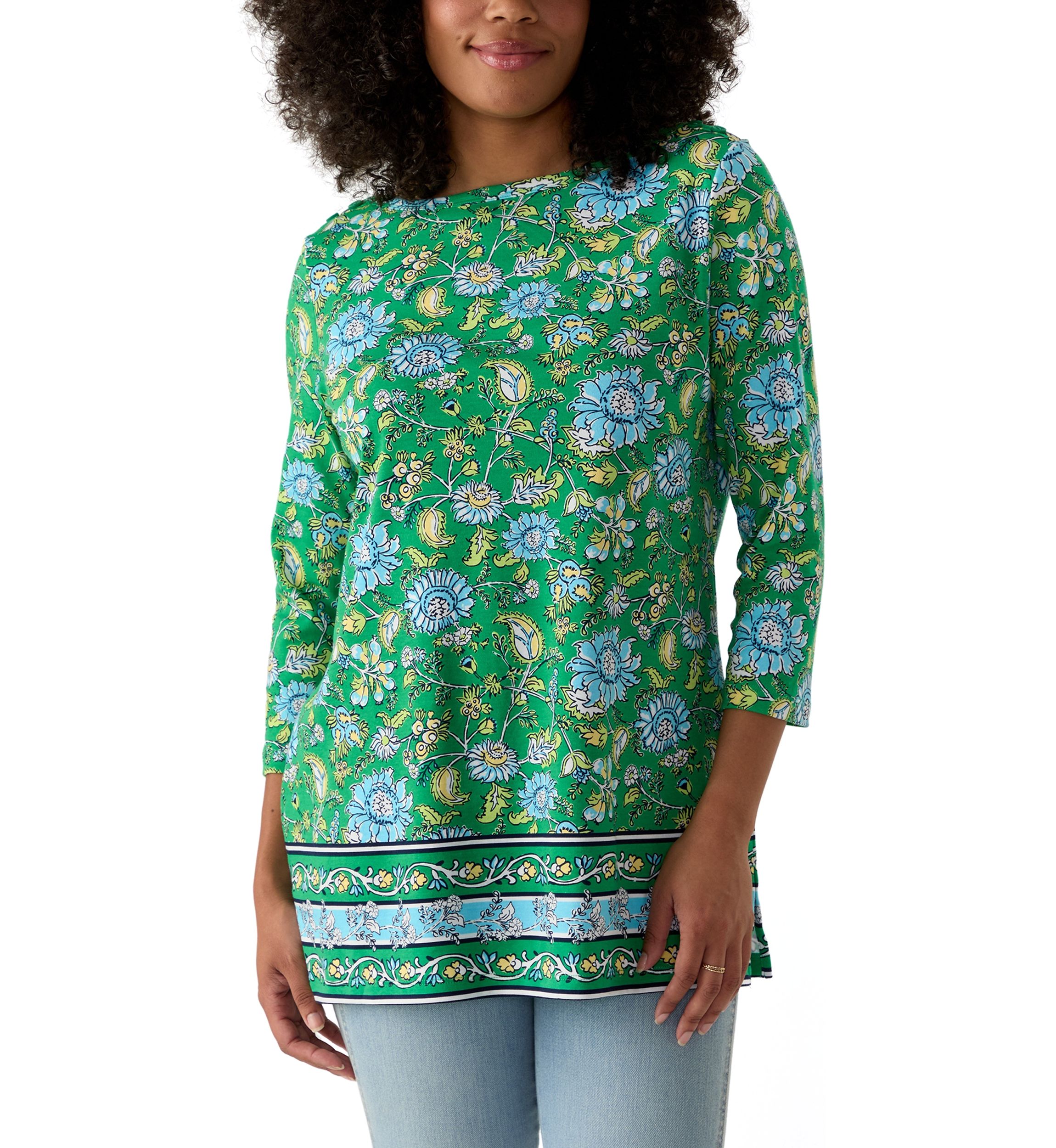 Womens 3/4 Sleeve Boat Neck Printed Top