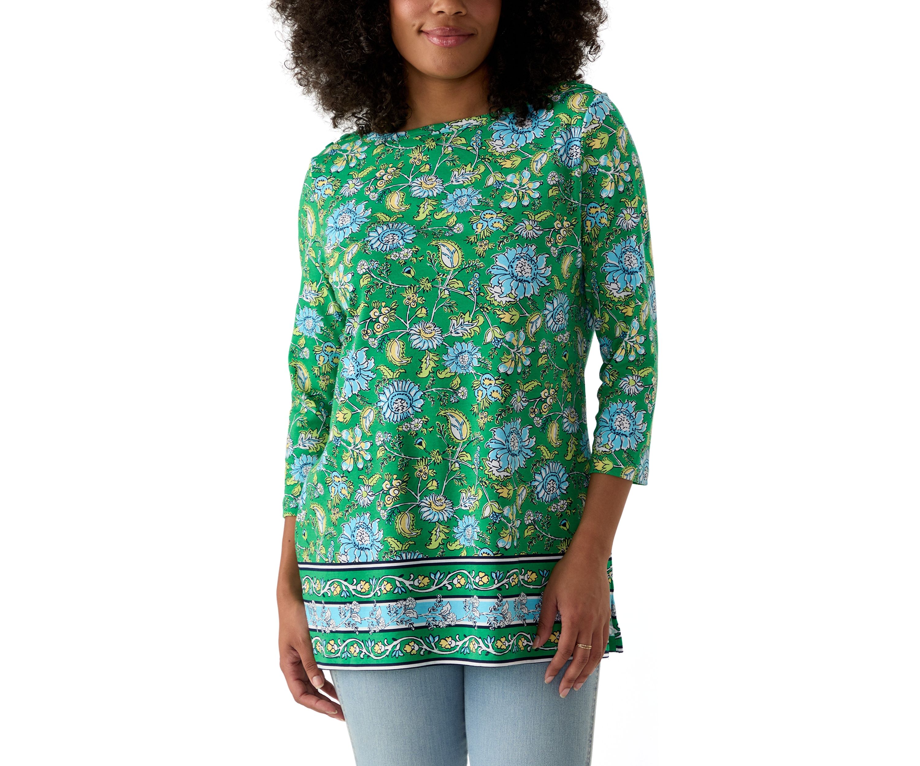 Womens 3/4 Sleeve Boat Neck Printed Top