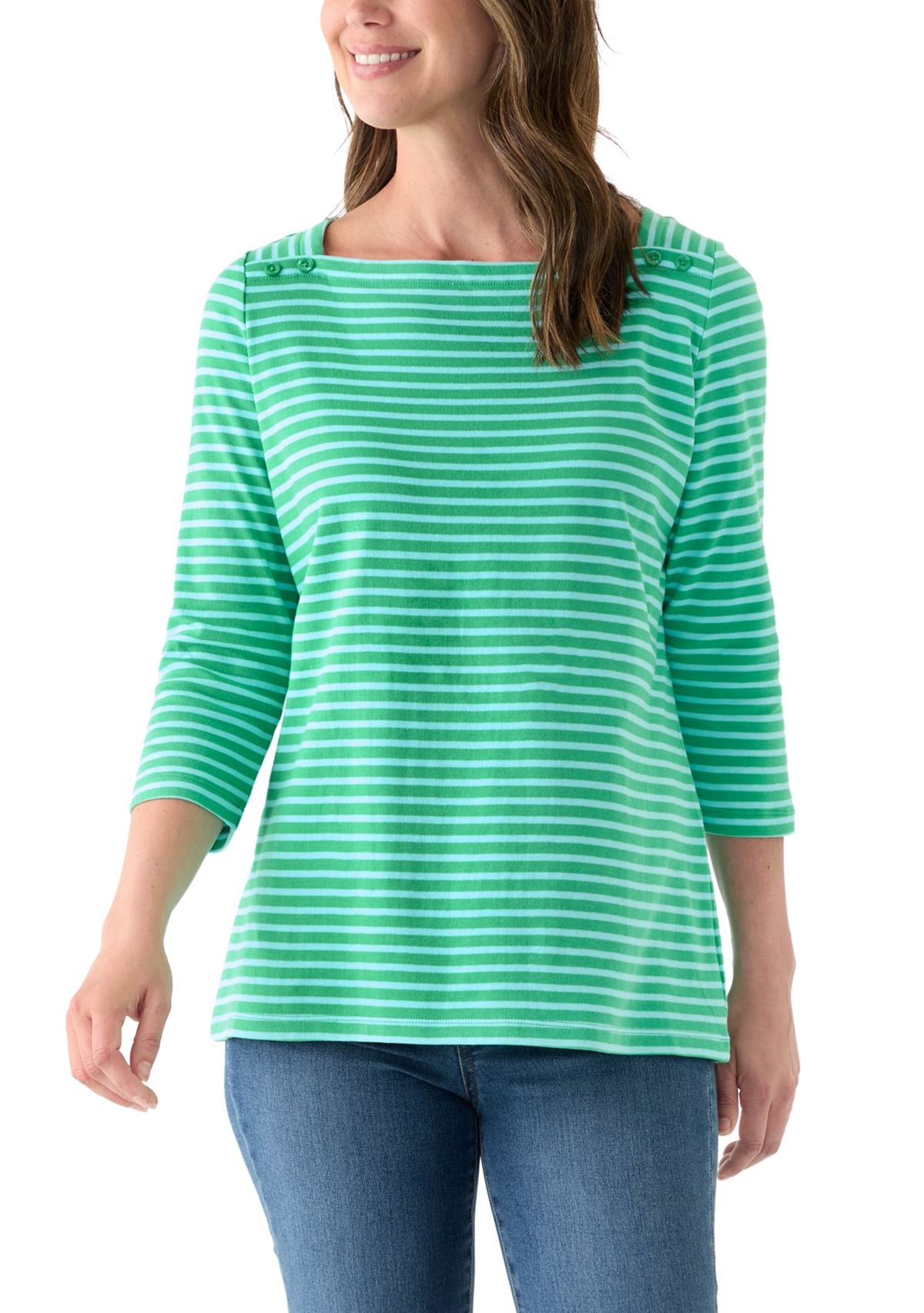 Womens 3/4 Sleeve Square Neck Yarn Dyed Top