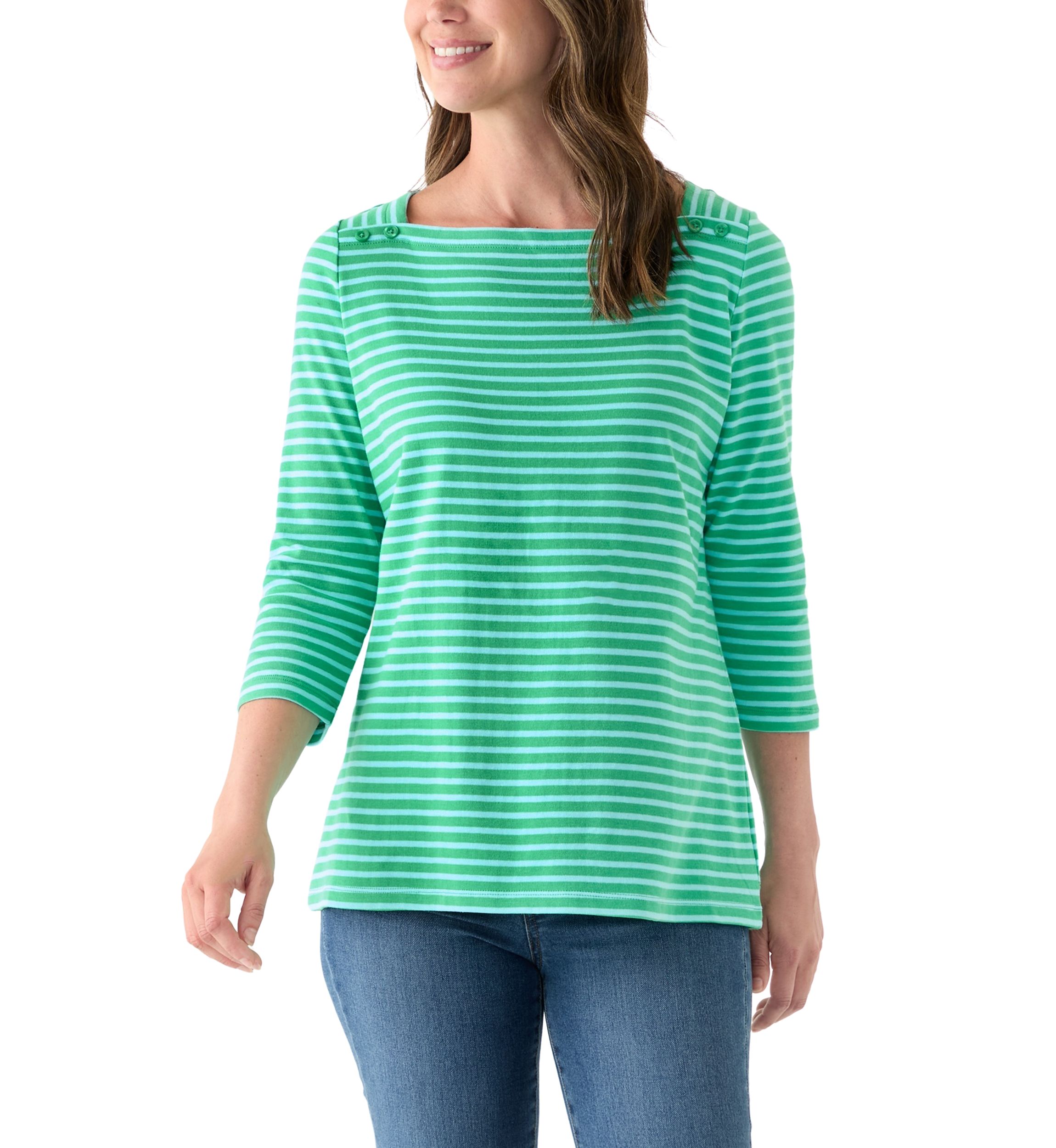 Womens 3/4 Sleeve Square Neck Yarn Dyed Top