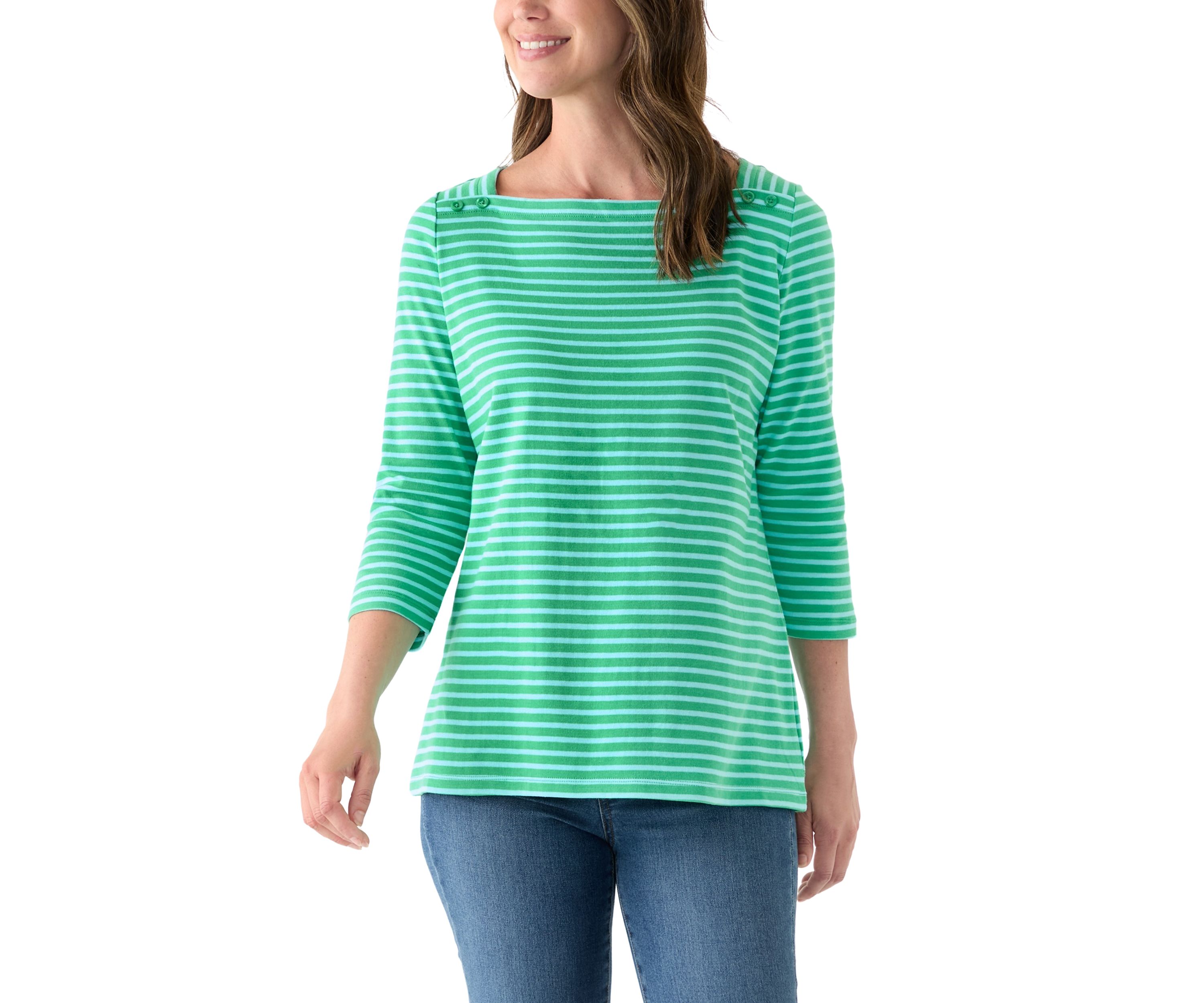 Womens 3/4 Sleeve Square Neck Yarn Dyed Top