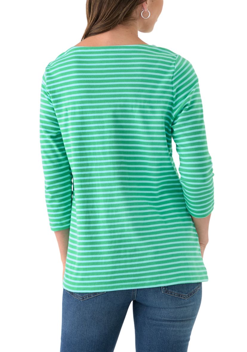 Womens 3/4 Sleeve Square Neck Yarn Dyed Top