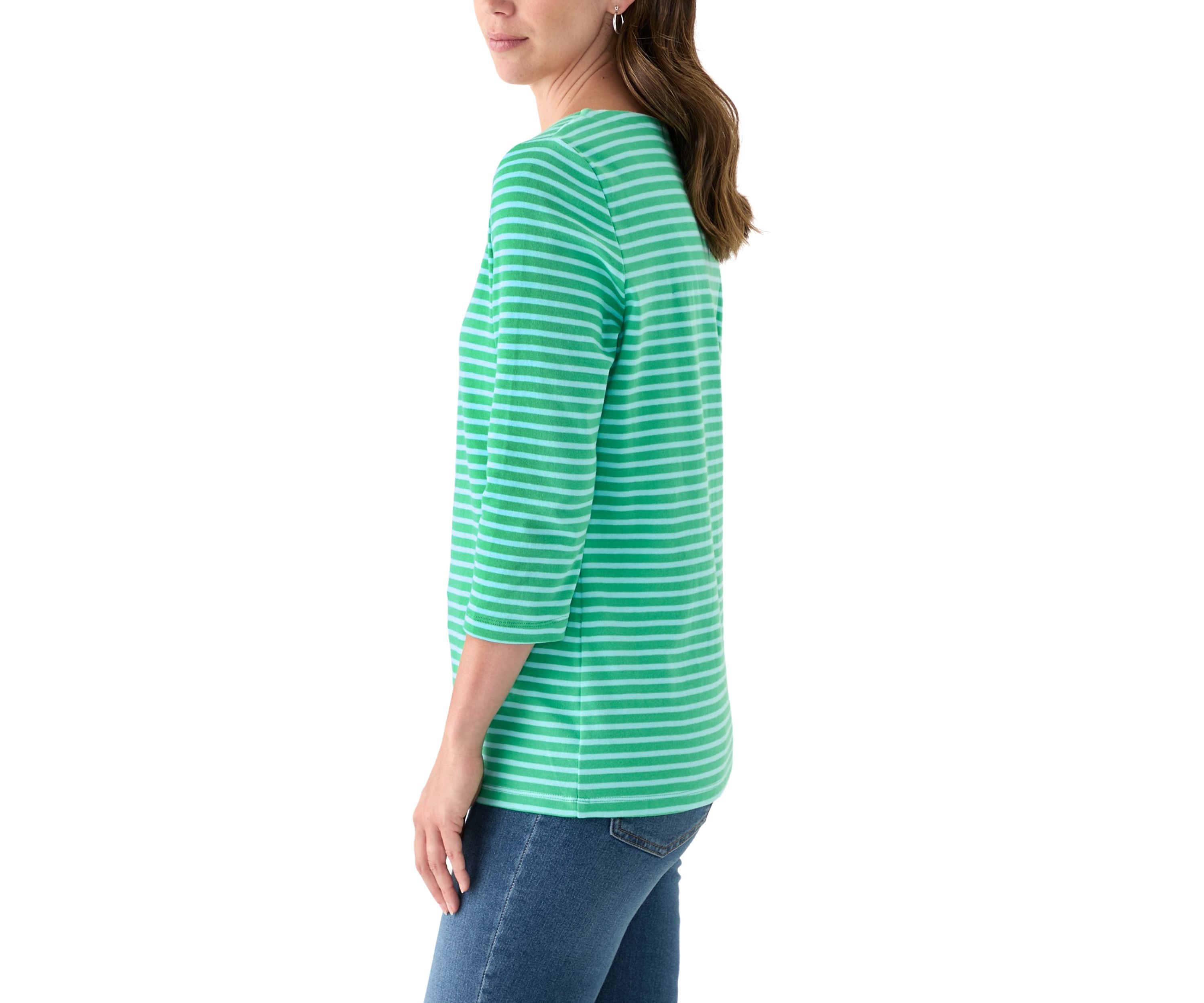 Womens 3/4 Sleeve Square Neck Yarn Dyed Top