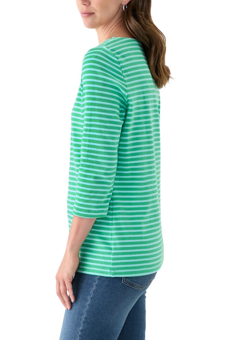 Womens 3/4 Sleeve Square Neck Yarn Dyed Top