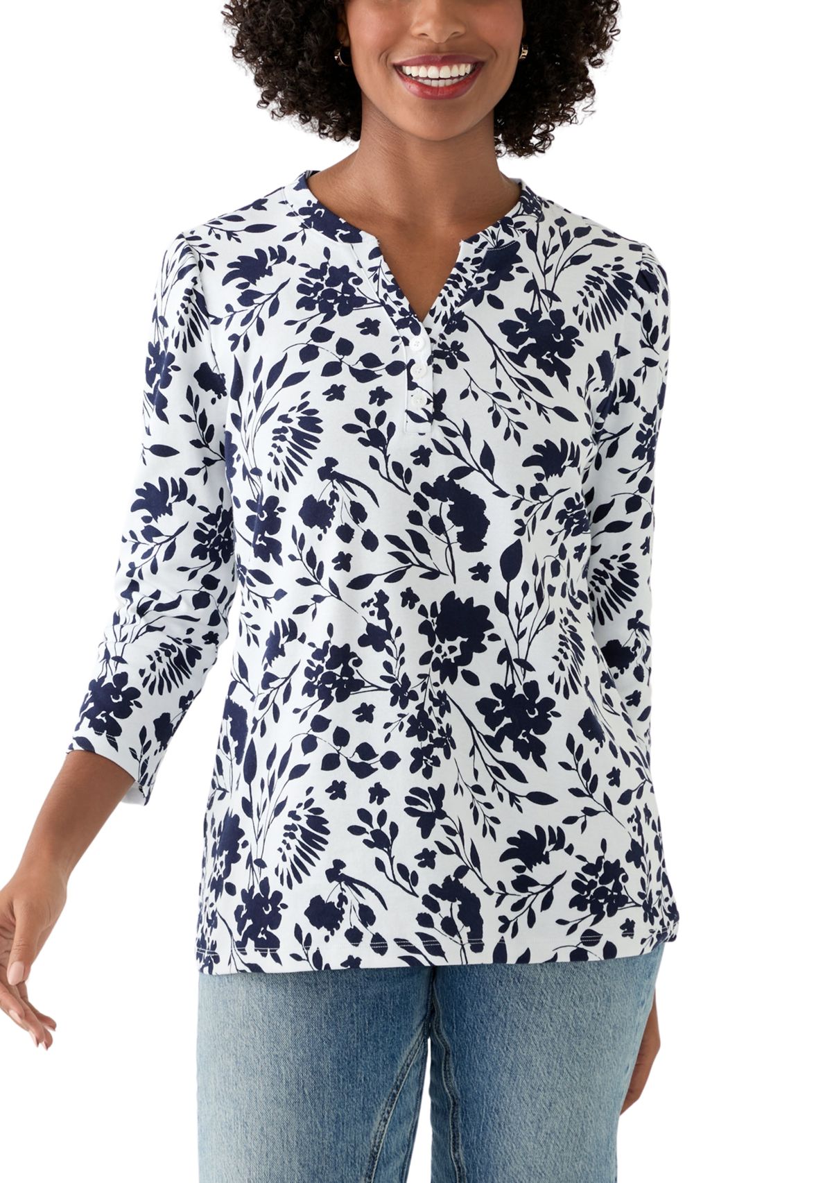 Womens 3/4 Puff Sleeve Printed Henley Shirt