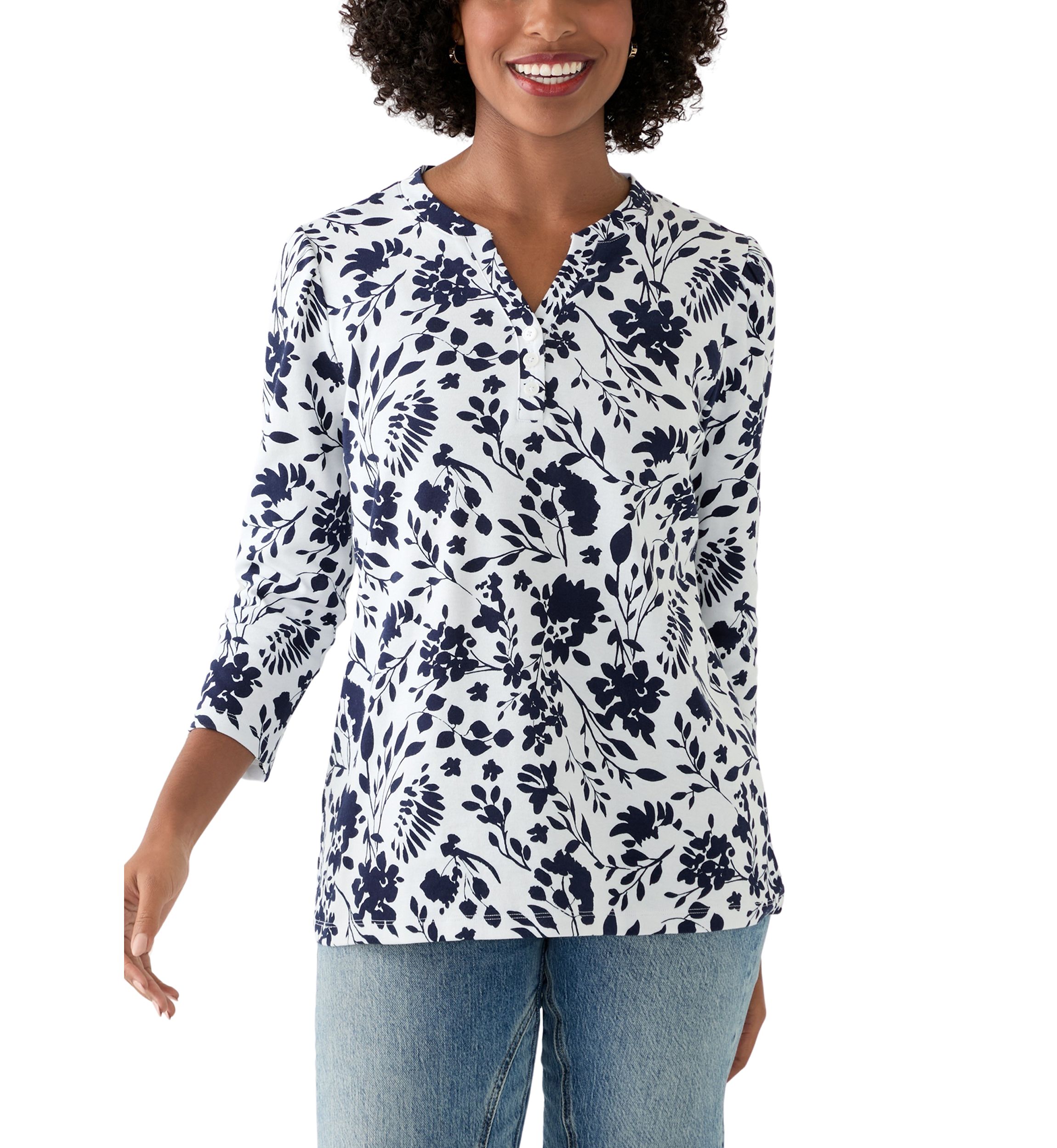 Womens 3/4 Puff Sleeve Printed Henley Shirt