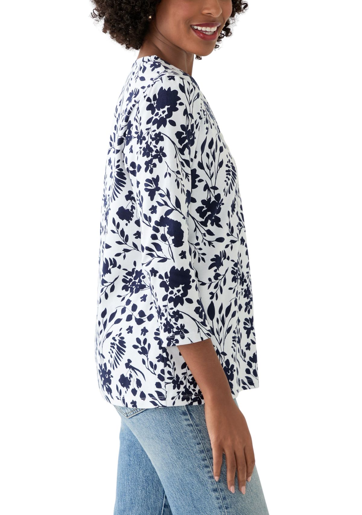 Womens 3/4 Puff Sleeve Printed Henley Shirt
