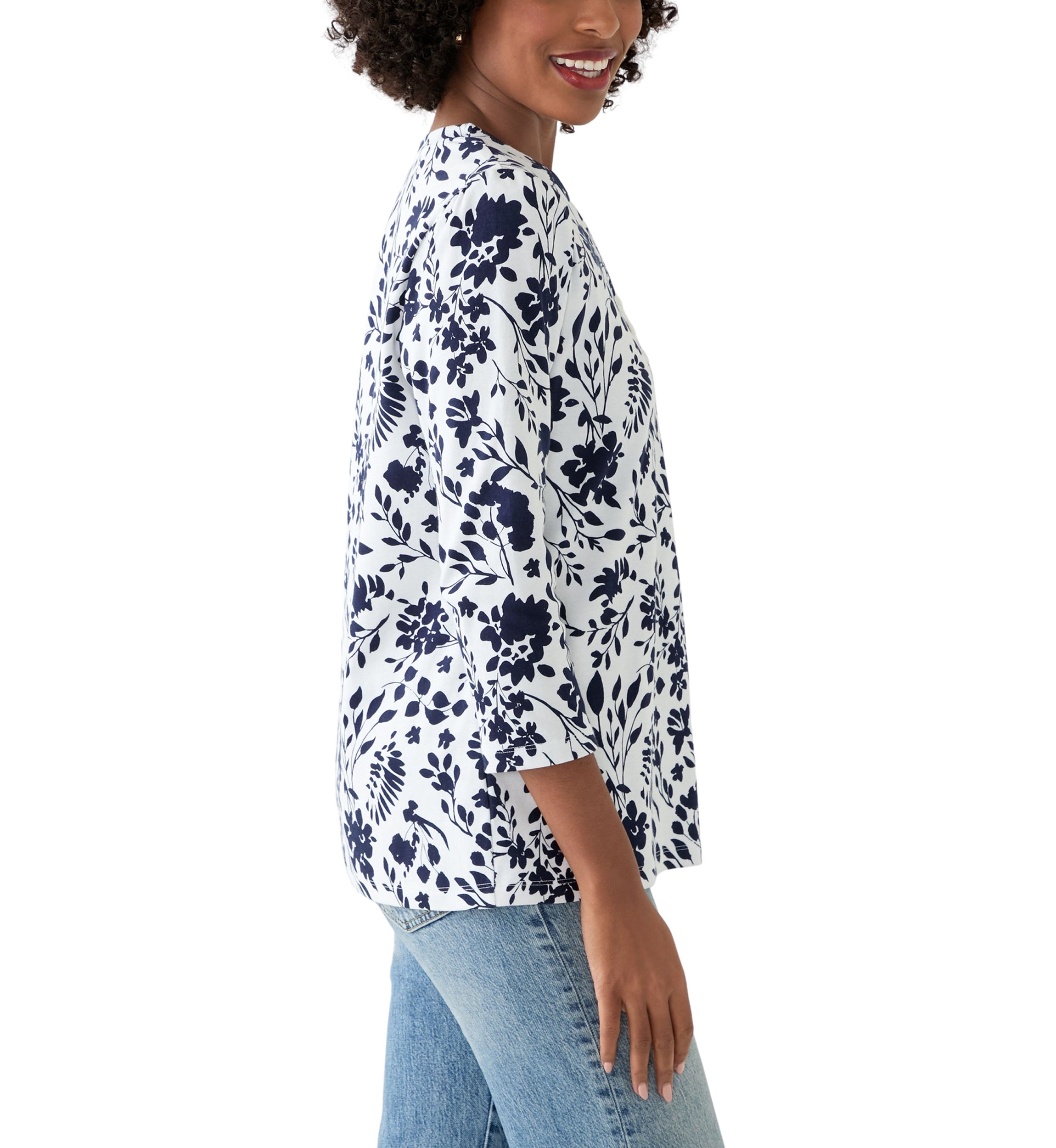 Womens 3/4 Puff Sleeve Printed Henley Shirt