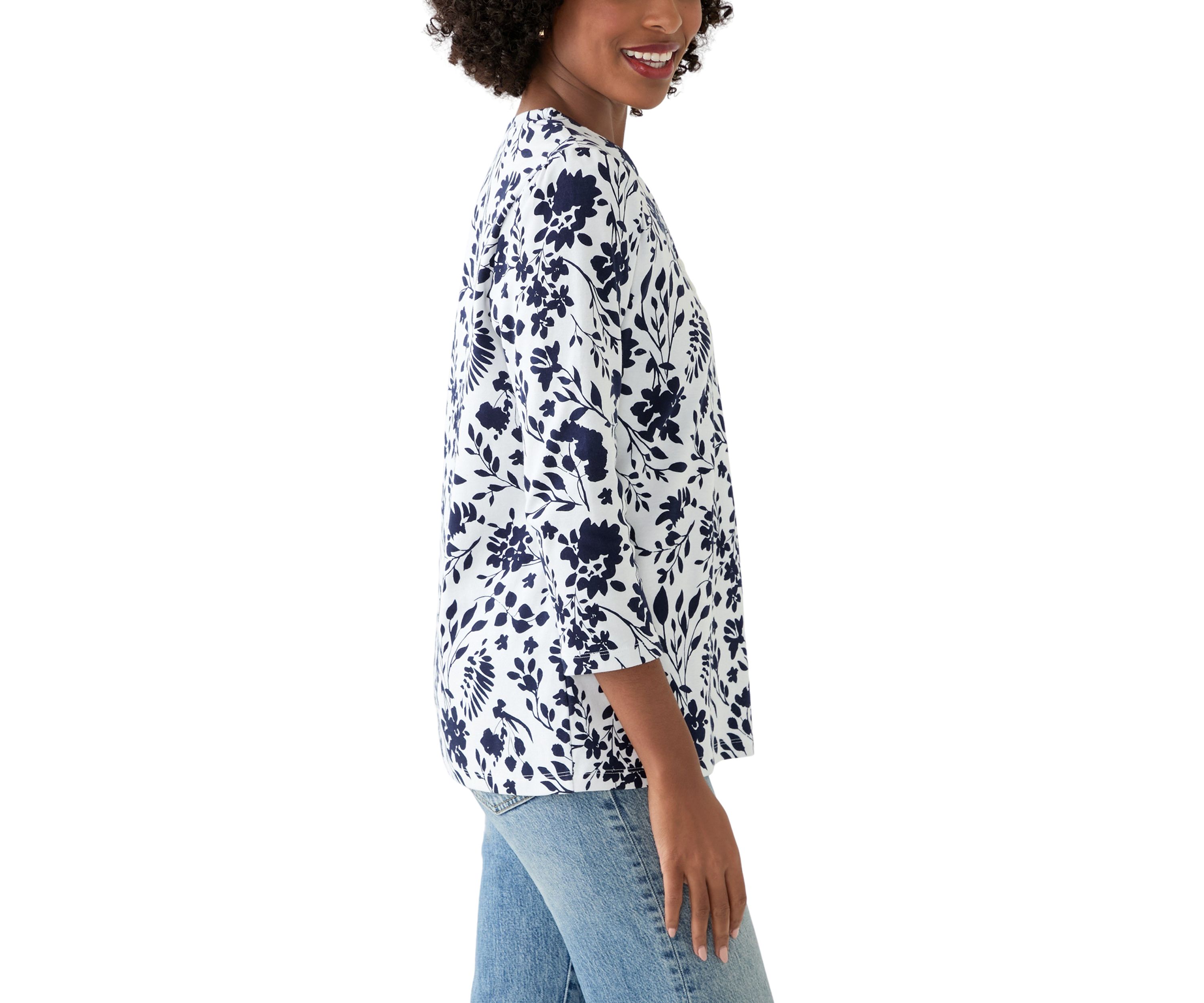 Womens 3/4 Puff Sleeve Printed Henley Shirt