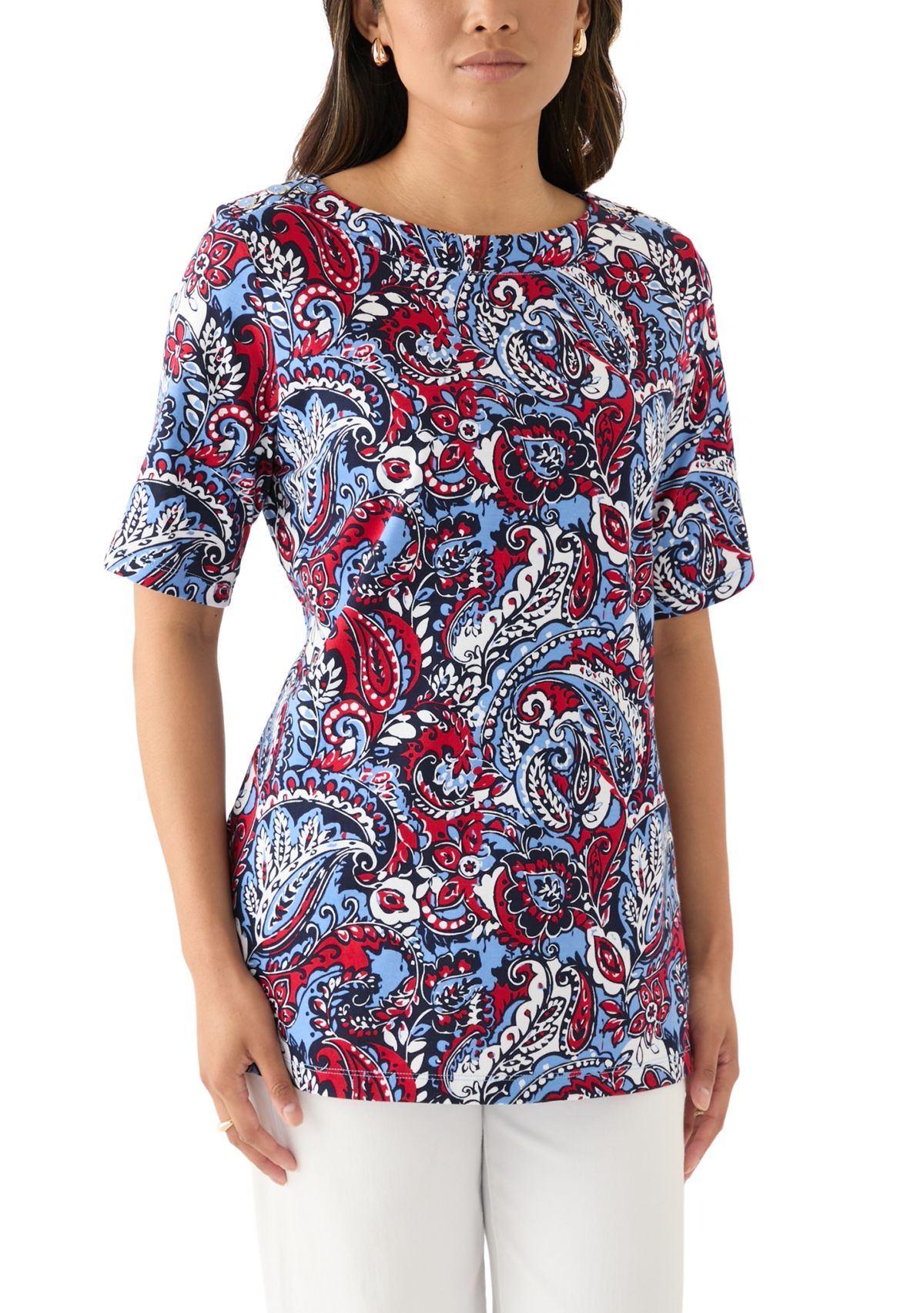 Womens Elbow Sleeve Button Trim Printed Tunic Top