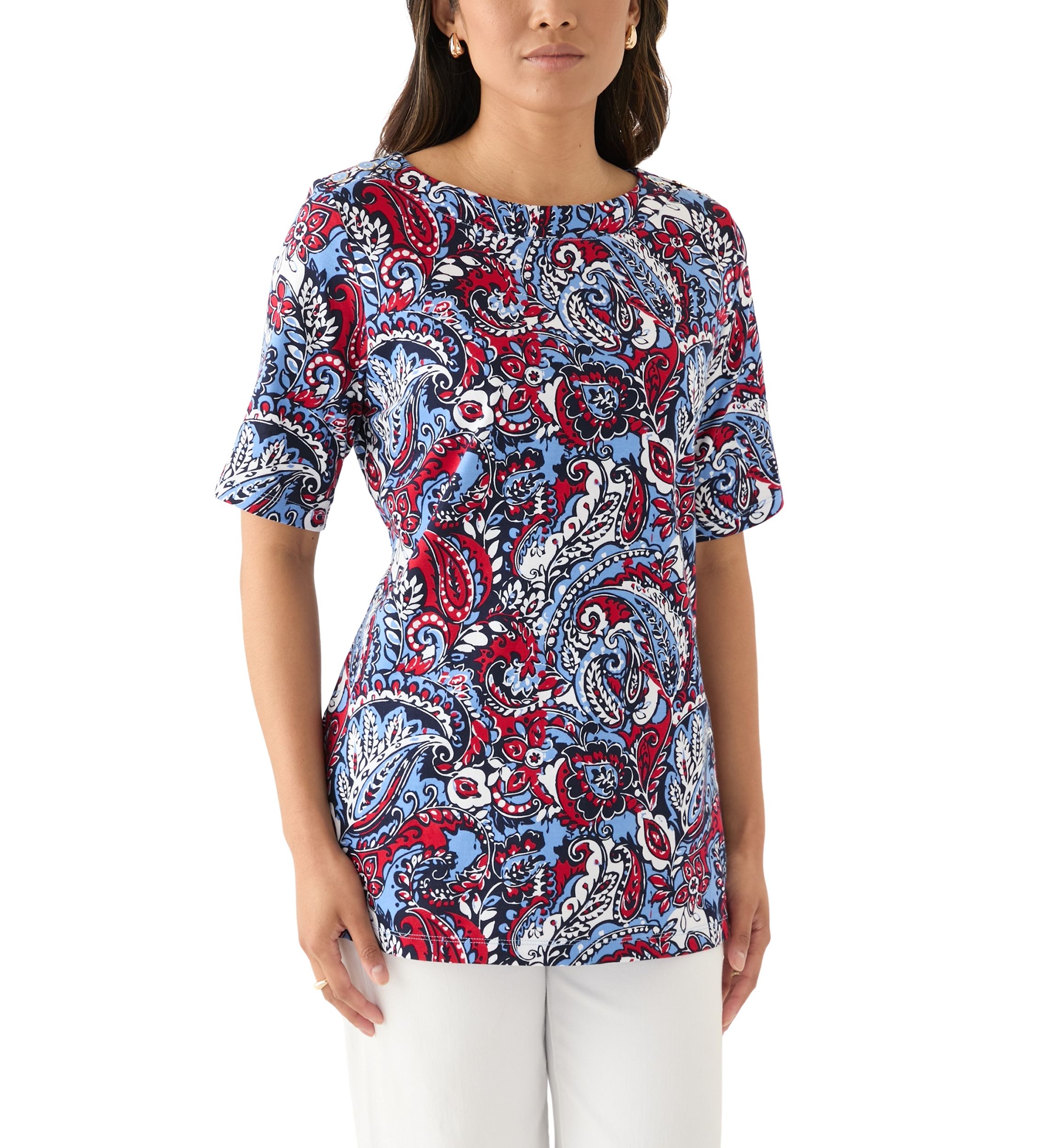 Womens Elbow Sleeve Button Trim Printed Tunic Top