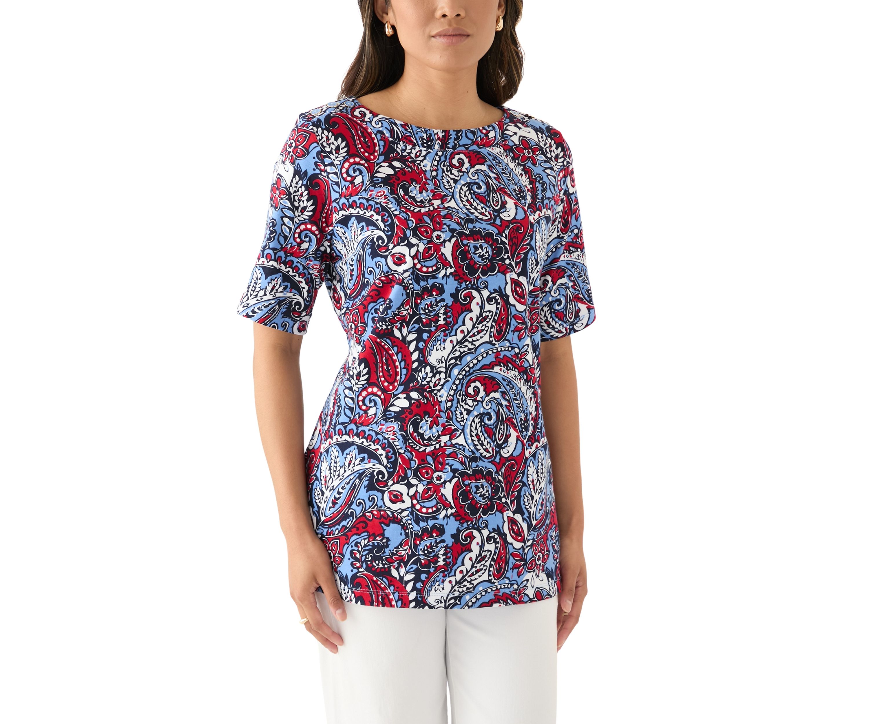 Womens Elbow Sleeve Button Trim Printed Tunic Top