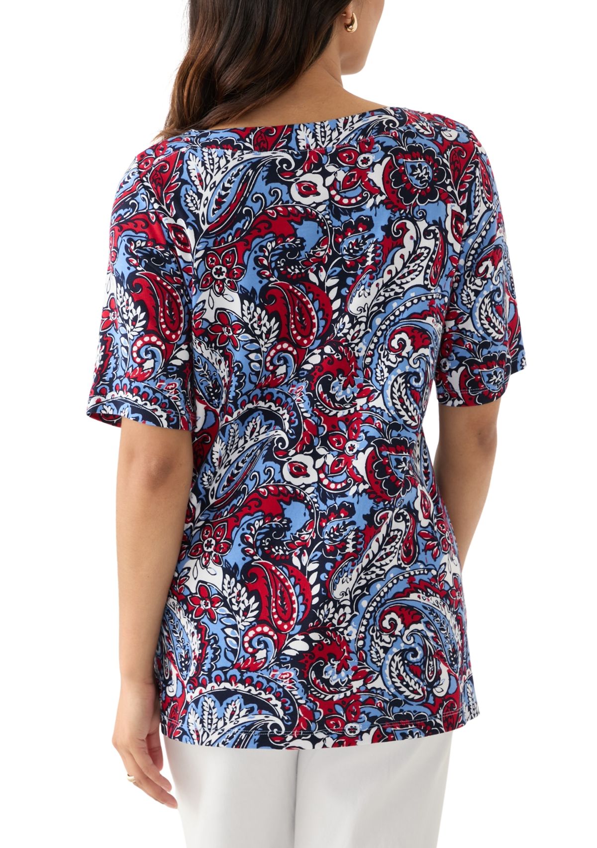 Womens Elbow Sleeve Button Trim Printed Tunic Top