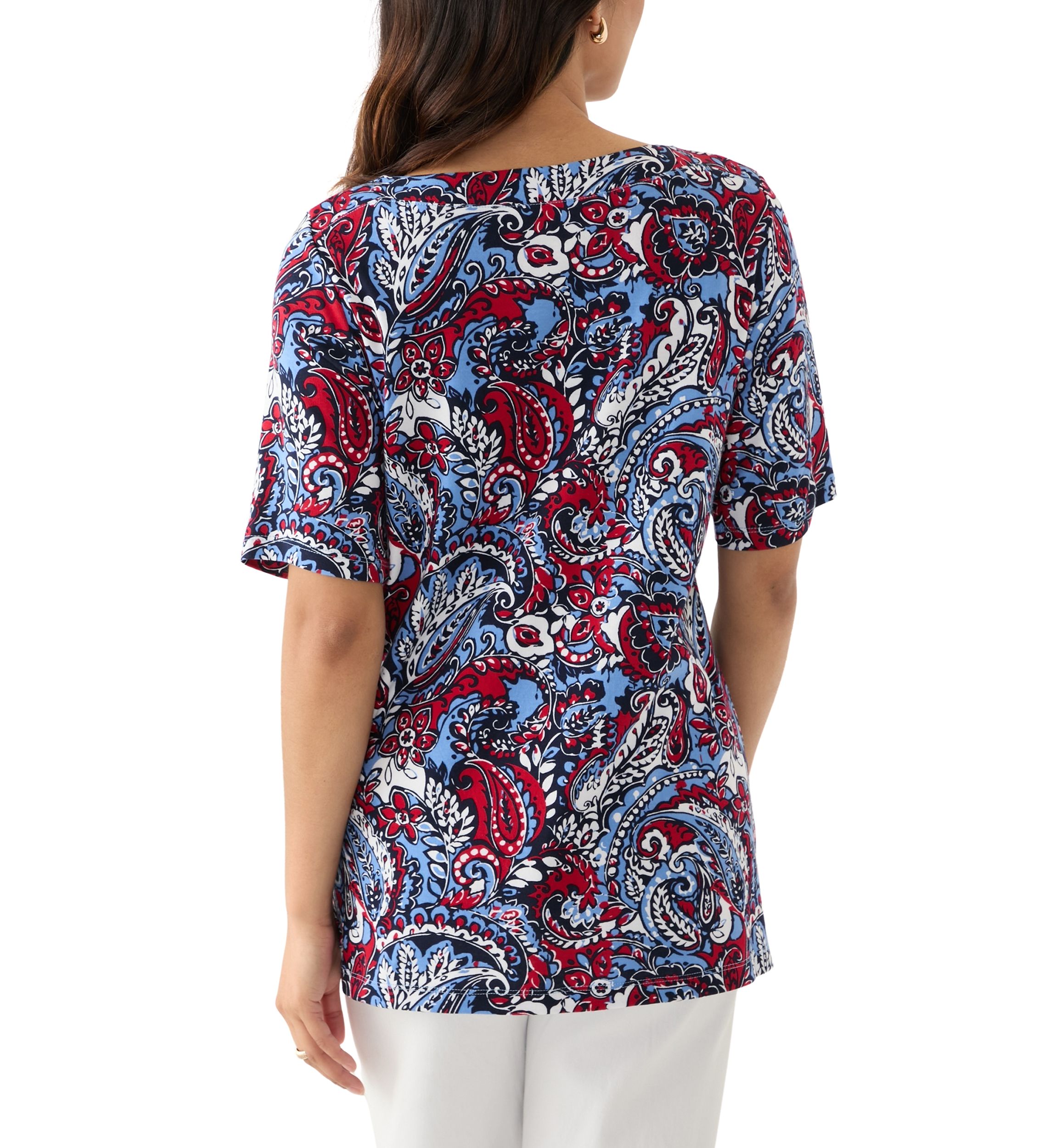 Womens Elbow Sleeve Button Trim Printed Tunic Top