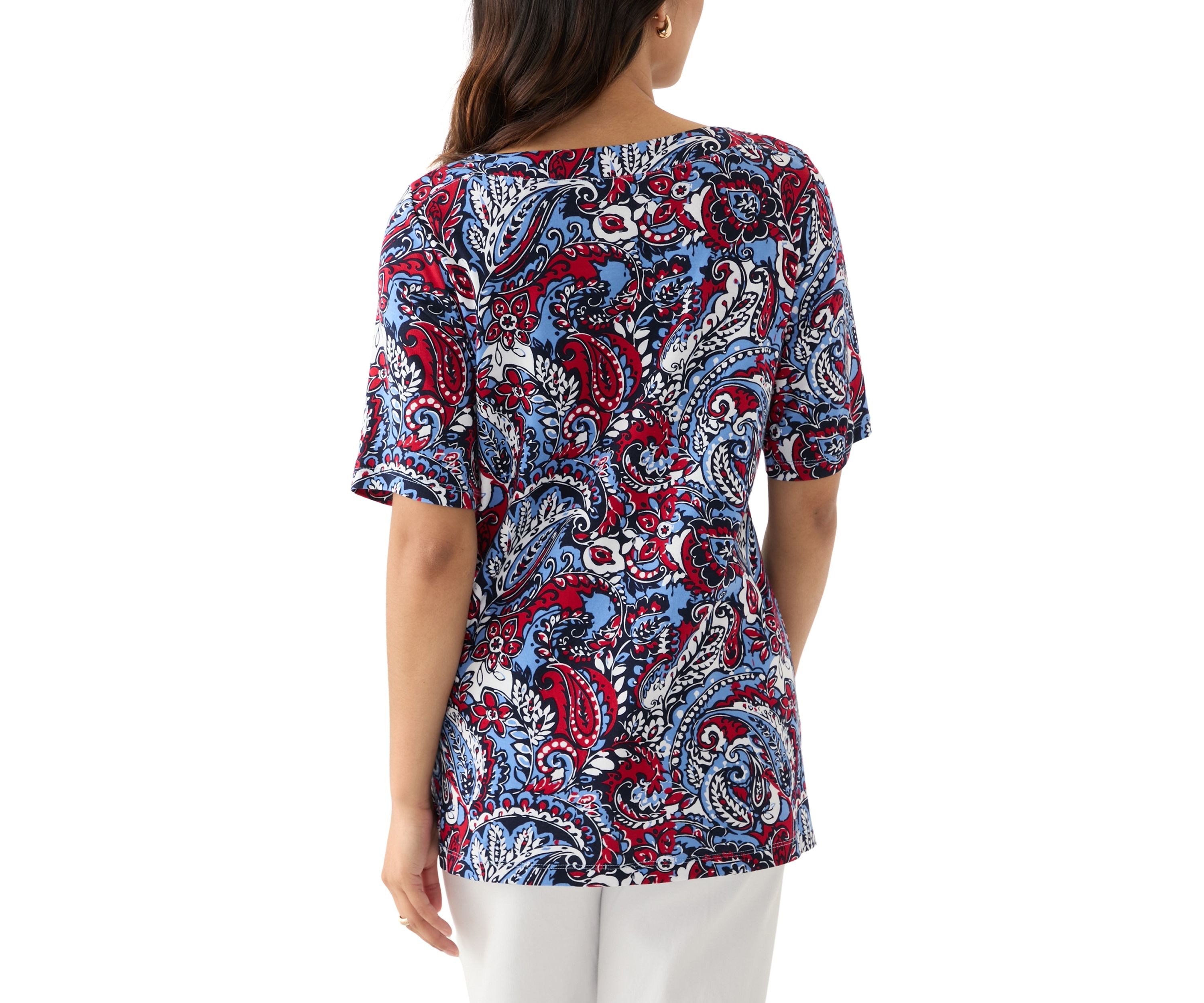 Womens Elbow Sleeve Button Trim Printed Tunic Top