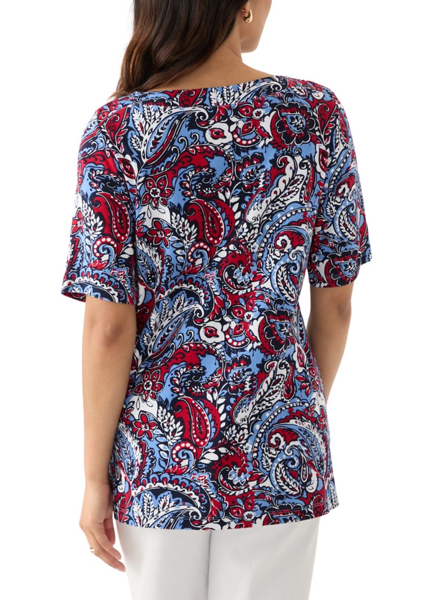 Womens Elbow Sleeve Button Trim Printed Tunic Top