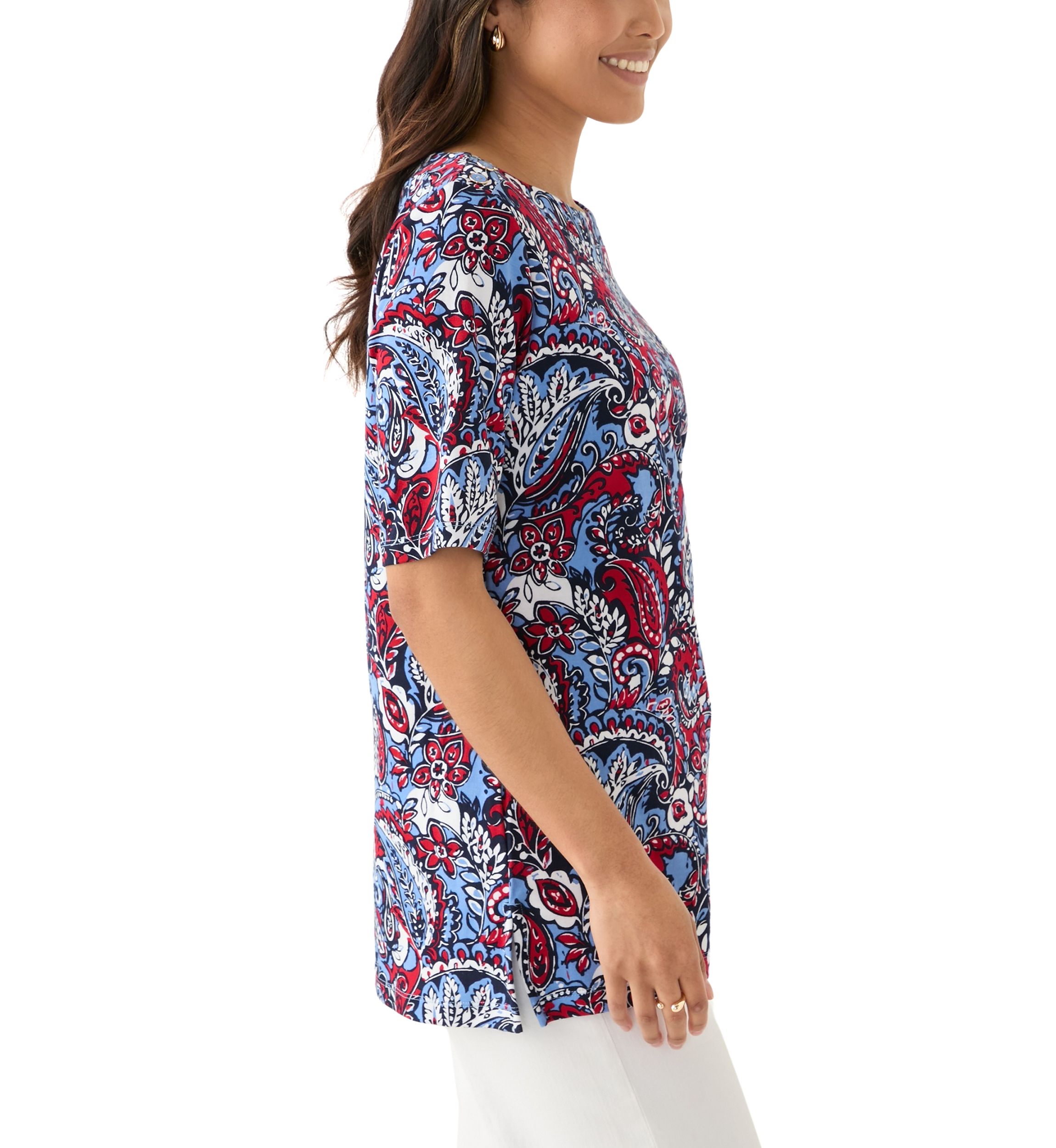 Womens Elbow Sleeve Button Trim Printed Tunic Top